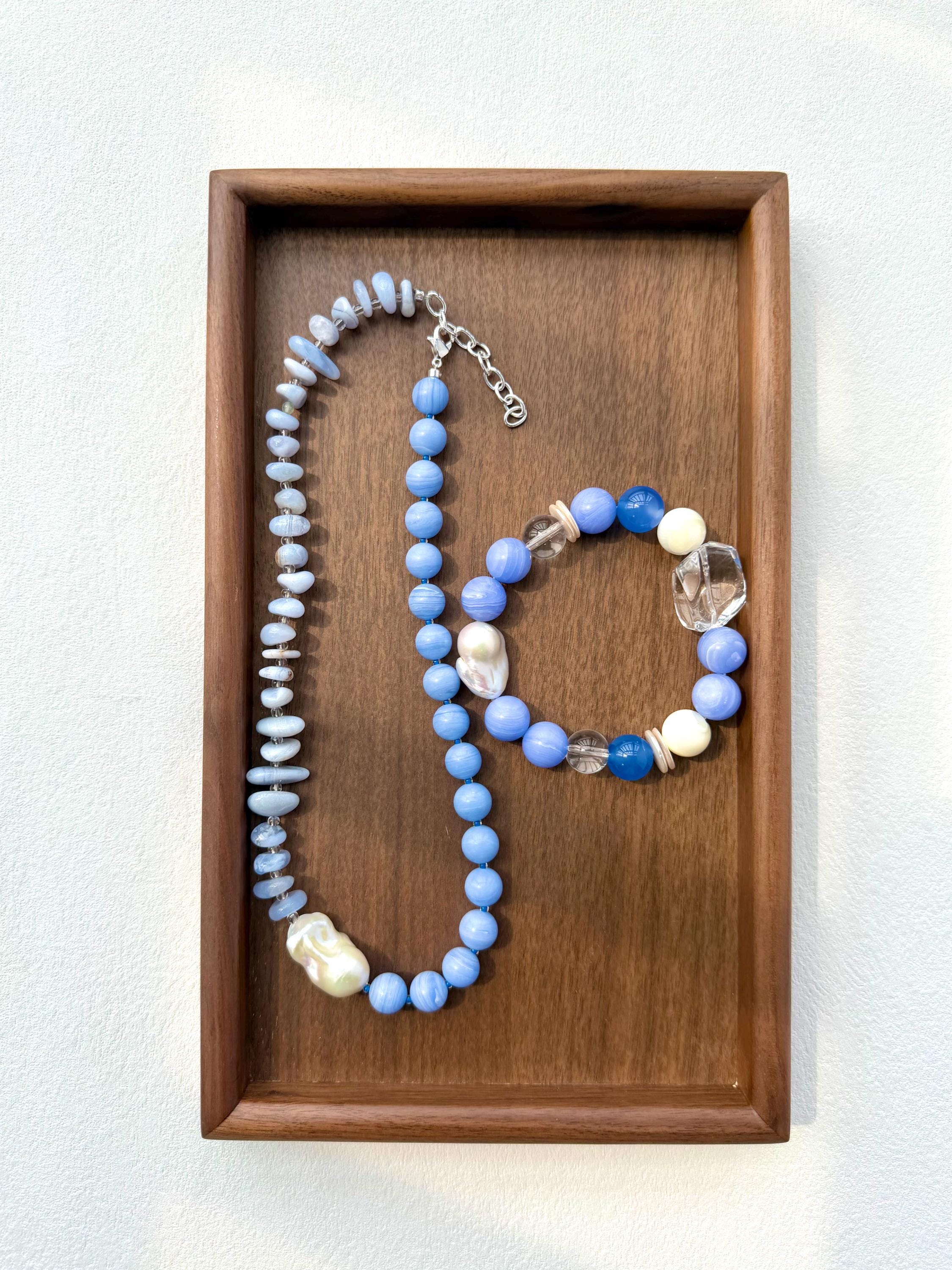 Blue Agate Baroque Pearl Bracelet, Freshwater Seaside Jewelry
