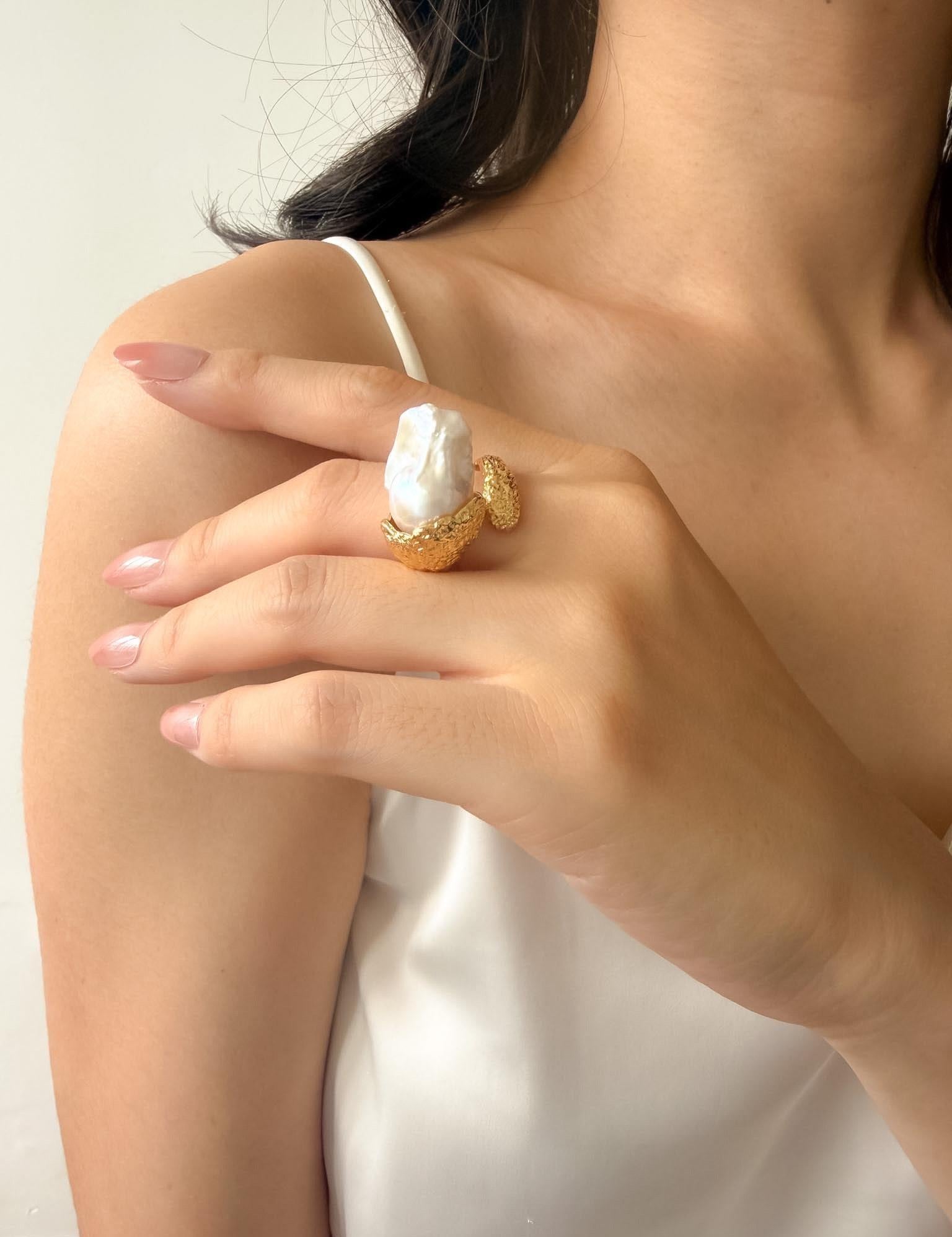 Sculptural Baroque Pearl Statement Ring, Textured 18k Gold Plated Band, Organic Freshwater Pearl