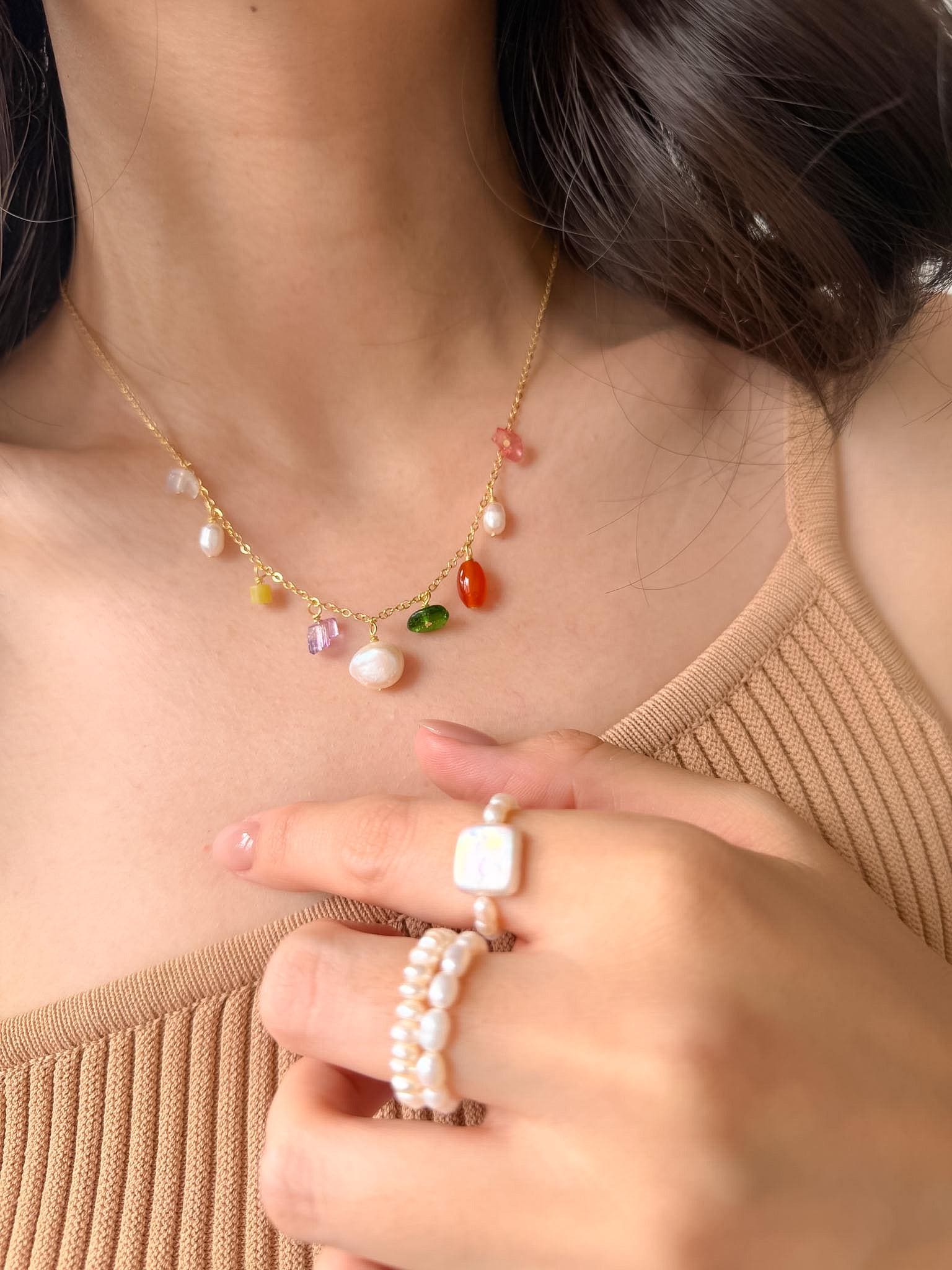 Summer Beach Fresh Minimalist Gold Chain Jewelry Freshwater Pearl Charm Necklace Colorful Gemstone Necklace