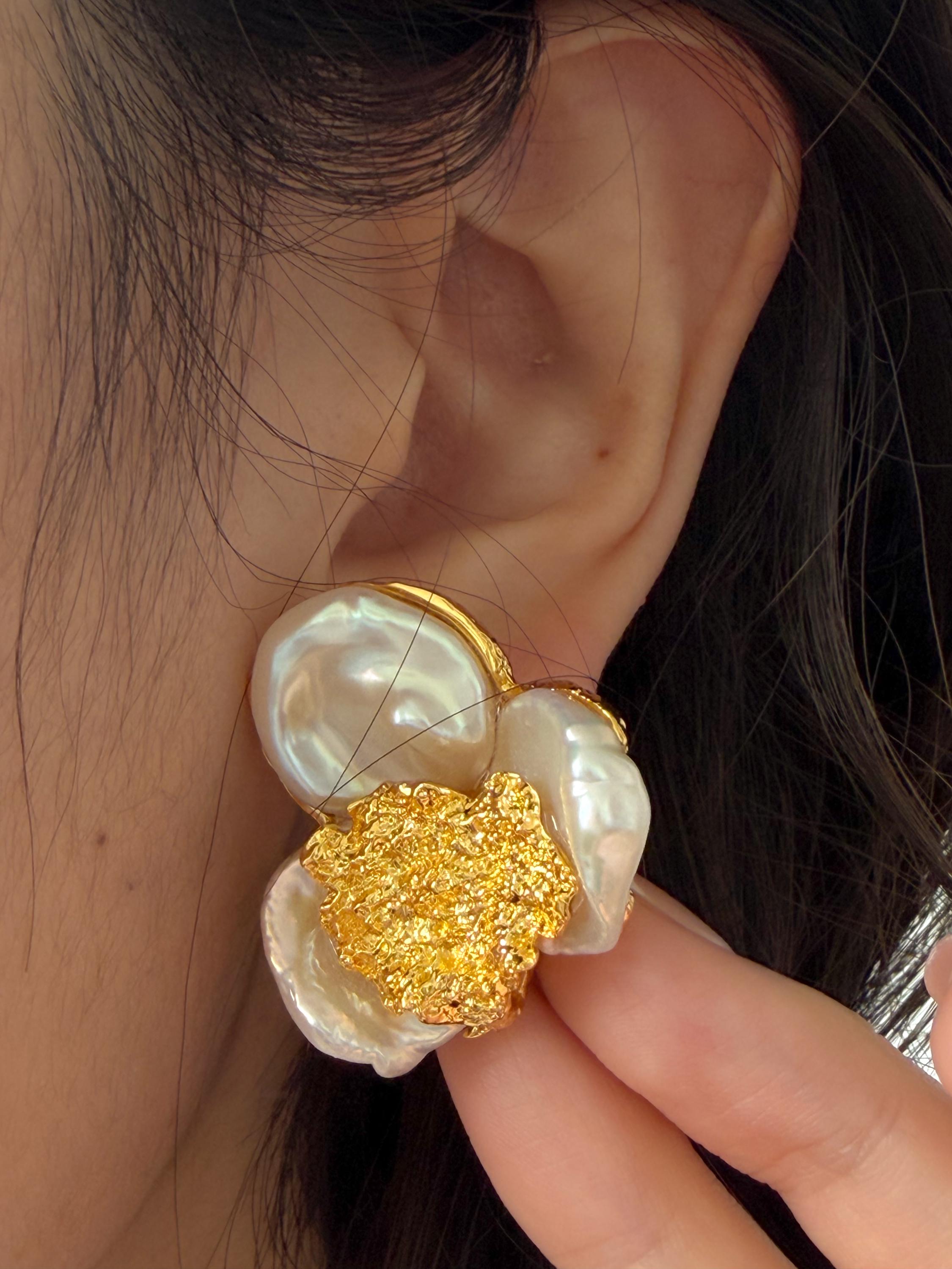 18k Gold Plated Flower Pearl Statement Earrings: Elegant Floral