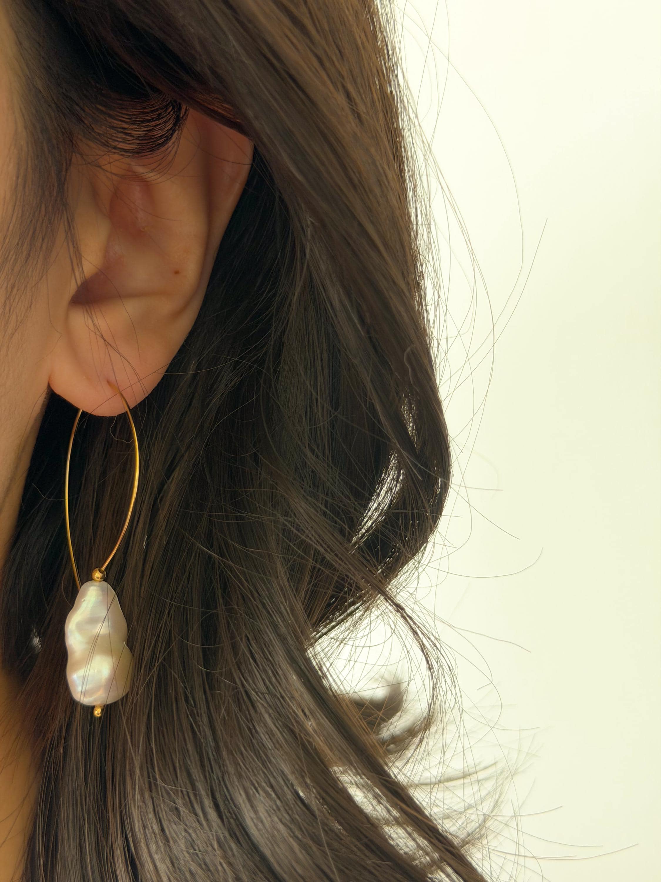 Elongated Baroque Pearl Hoop Earrings, 18K Gold Plated Statement