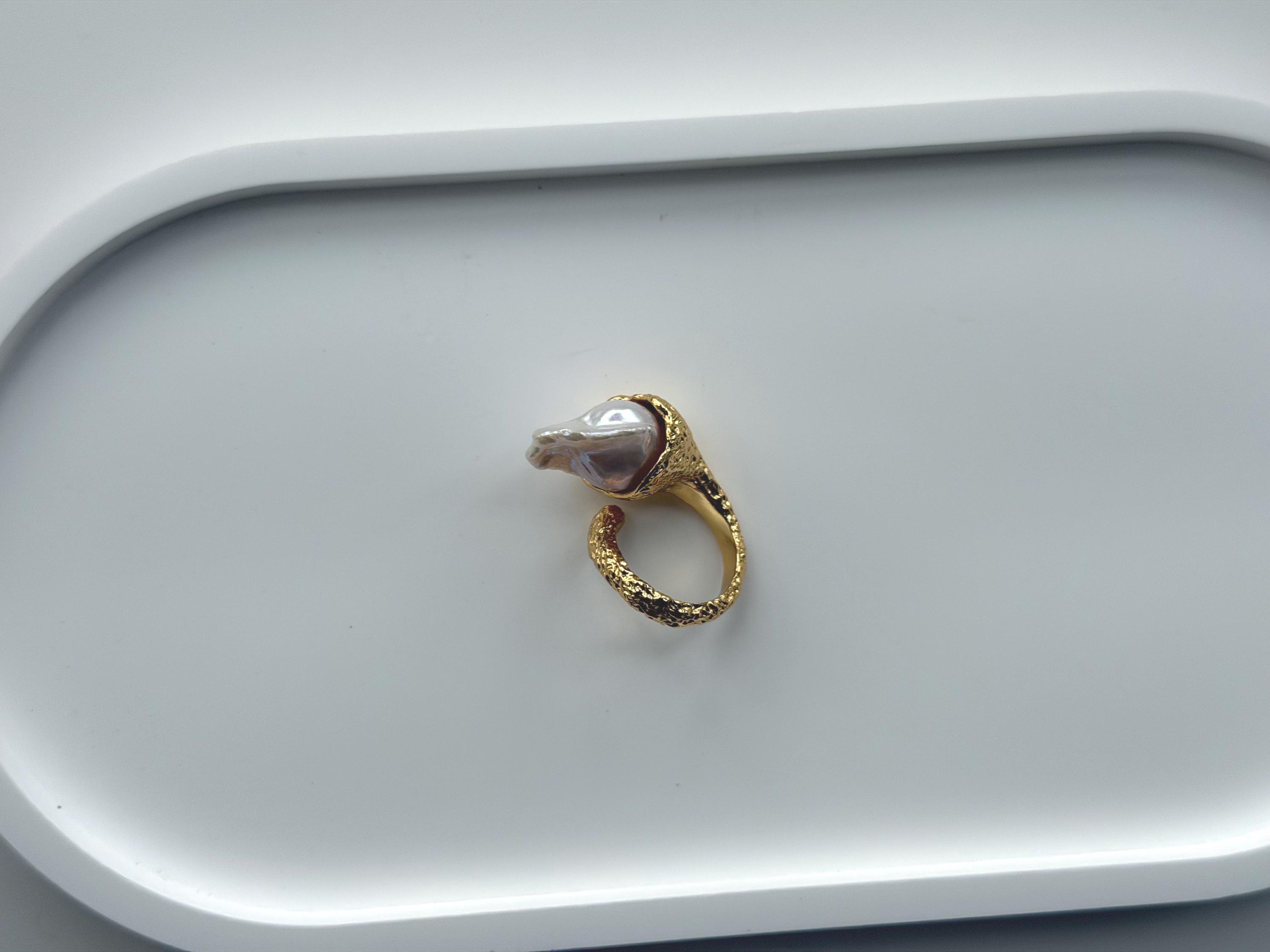 Sculptural Baroque Pearl Statement Ring, Textured 18k Gold Plated Band, Organic Freshwater Pearl