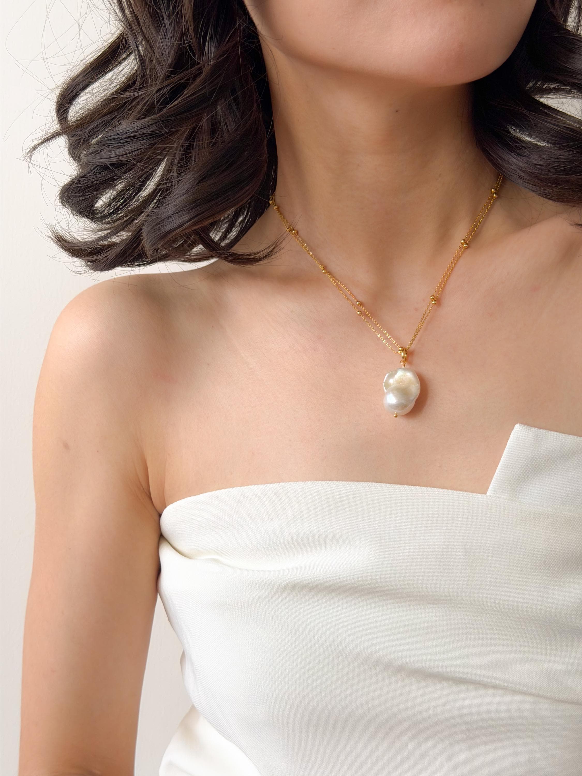 Baroque Pearl Necklace 18K Gold Plated Pendant – Natural, Modern Elegant Gift