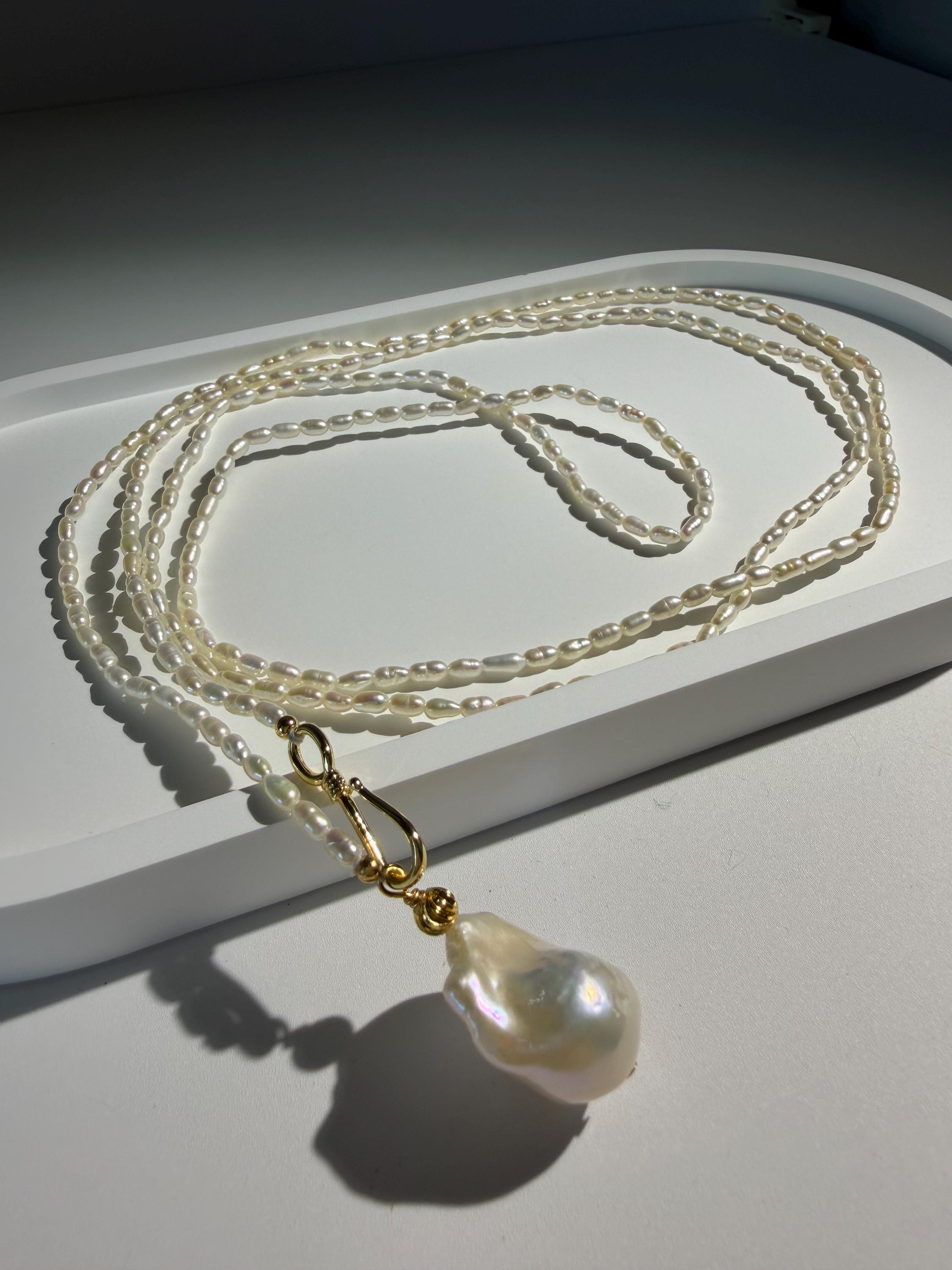 Long Freshwater Pearl Necklace, Baroque Pendant, Gold Clasp Detail