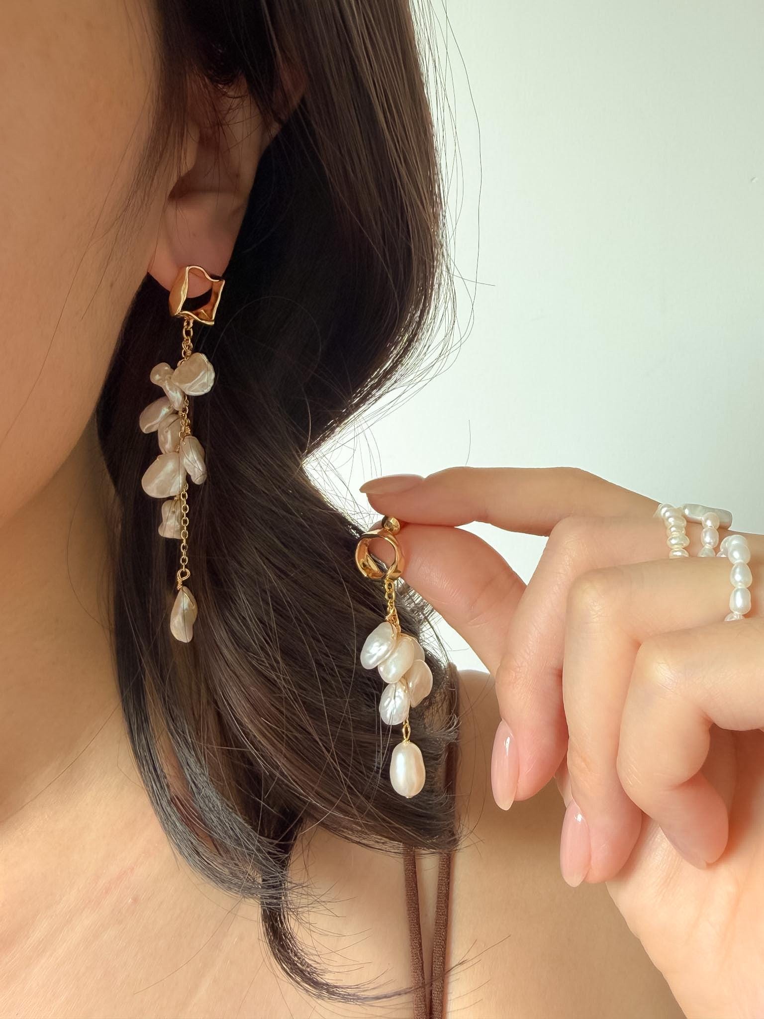 Asymmetrical Baroque Keshi Pearl Tassel Earrings, Gold Drop, Romantic Summer