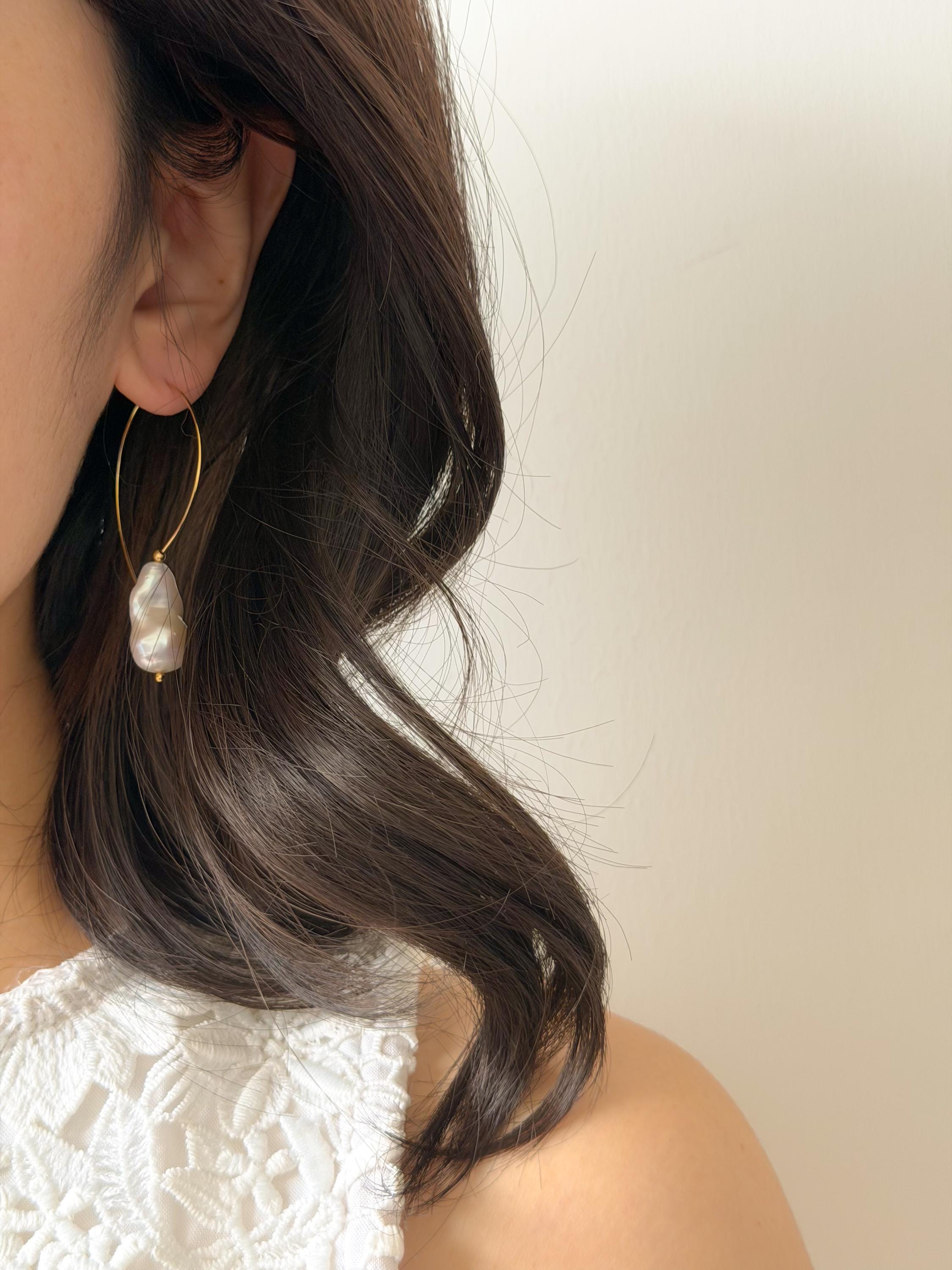 Elongated Baroque Pearl Hoop Earrings, 18K Gold Plated Statement