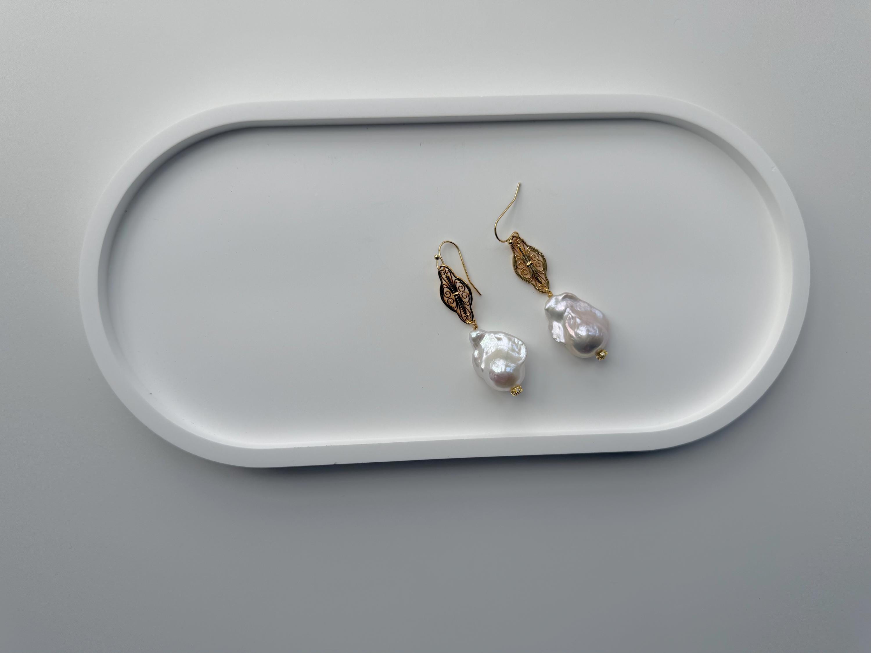 Baroque Pearl Drop Earrings 18K Gold Plated Vintage Filigree Organic Character