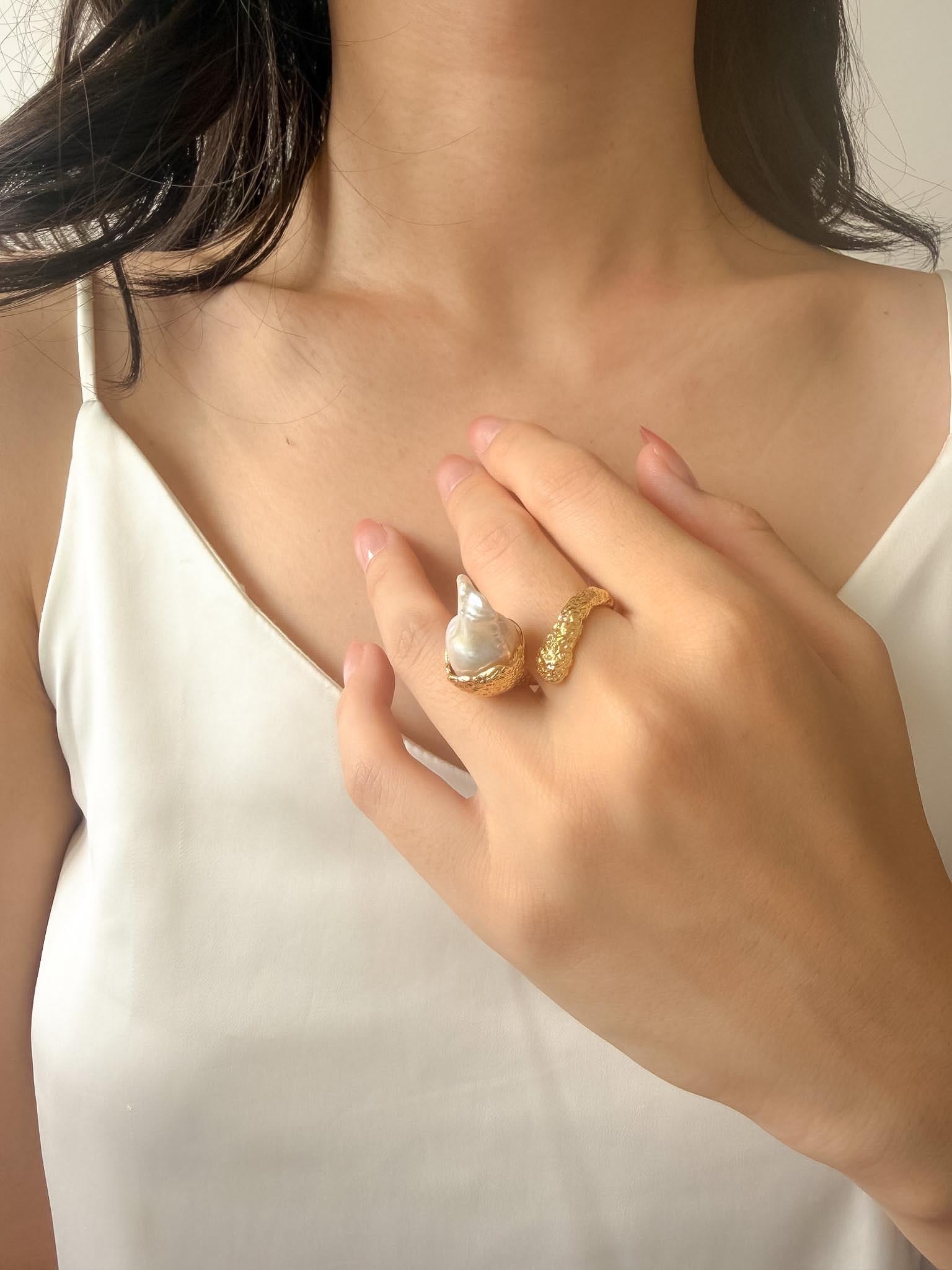Sculptural Baroque Pearl Statement Ring, Textured 18k Gold Plated Band, Organic Freshwater Pearl