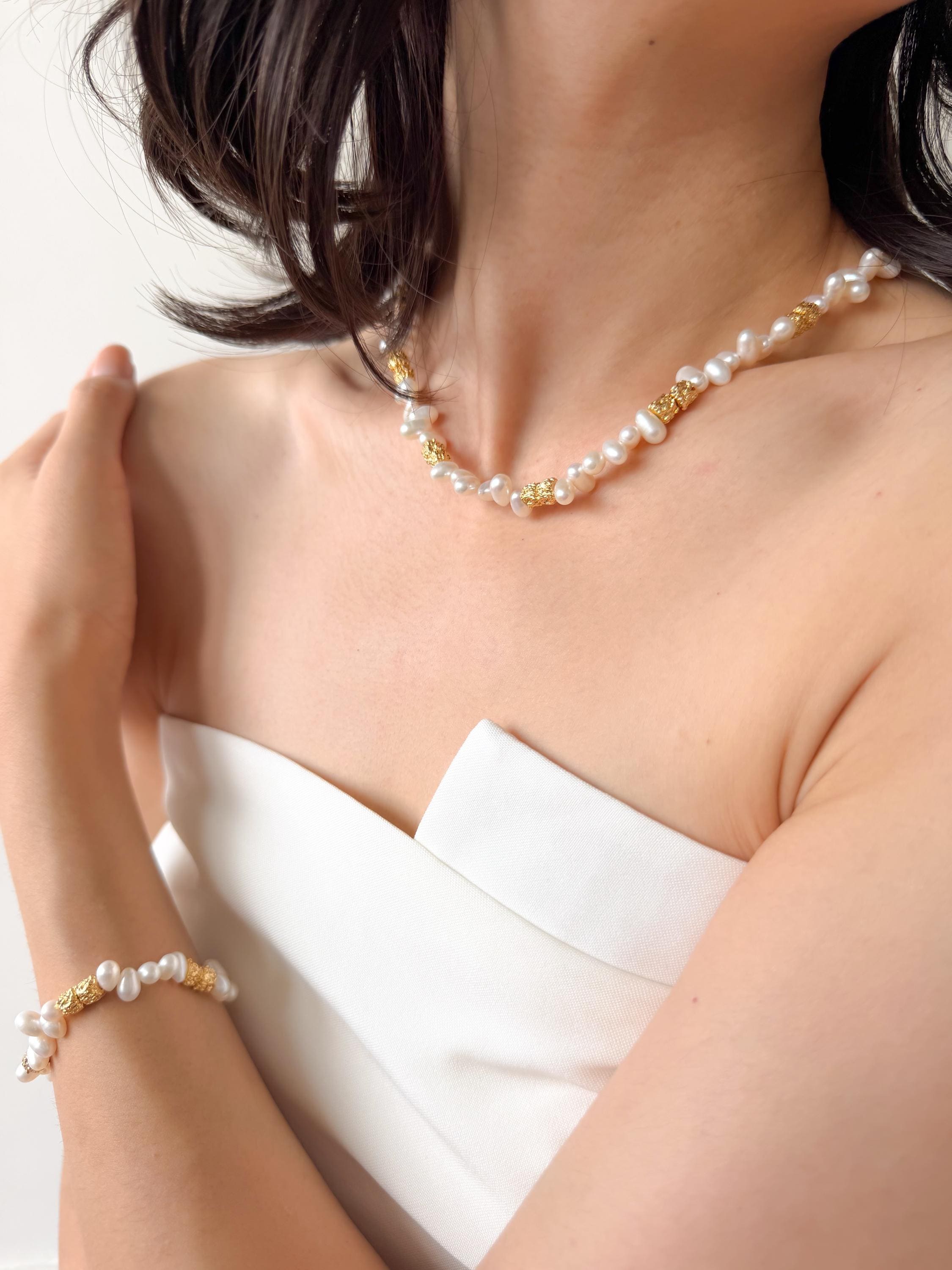 Aurora-Like Luster Pearl Bracelet Lava Inspired 18K Gold Plated Statement Modern Organic Elegant