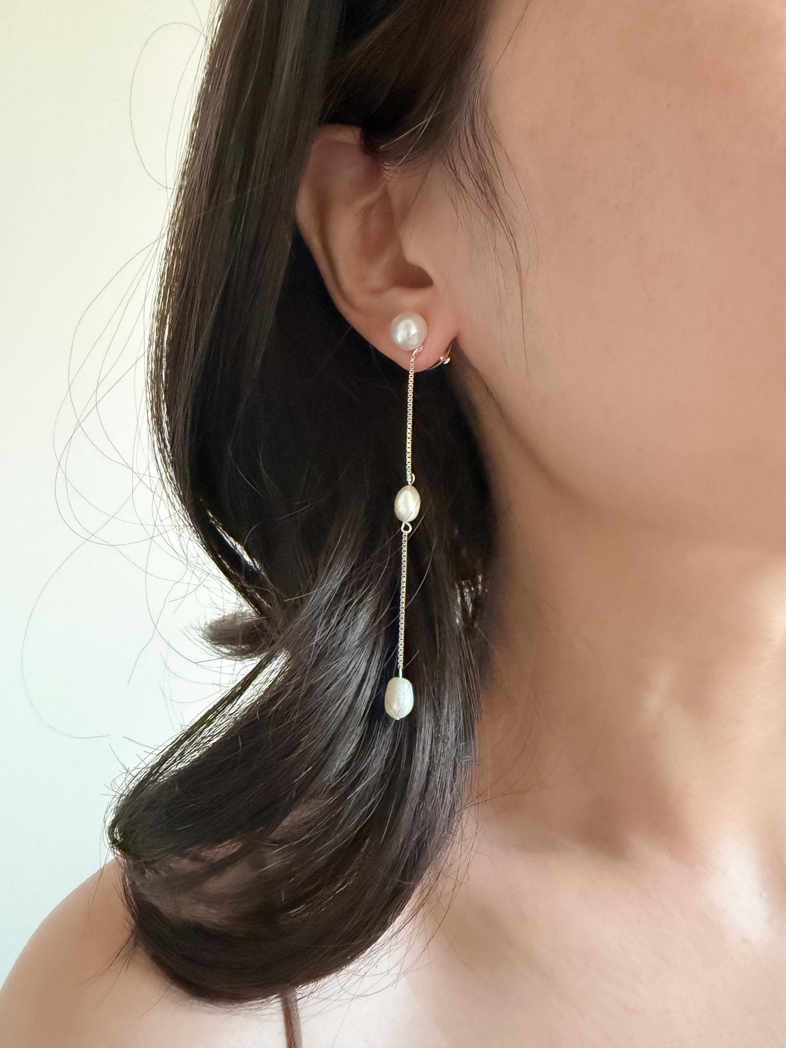 French Minimalist Pearl Drop Earrings Long Chain