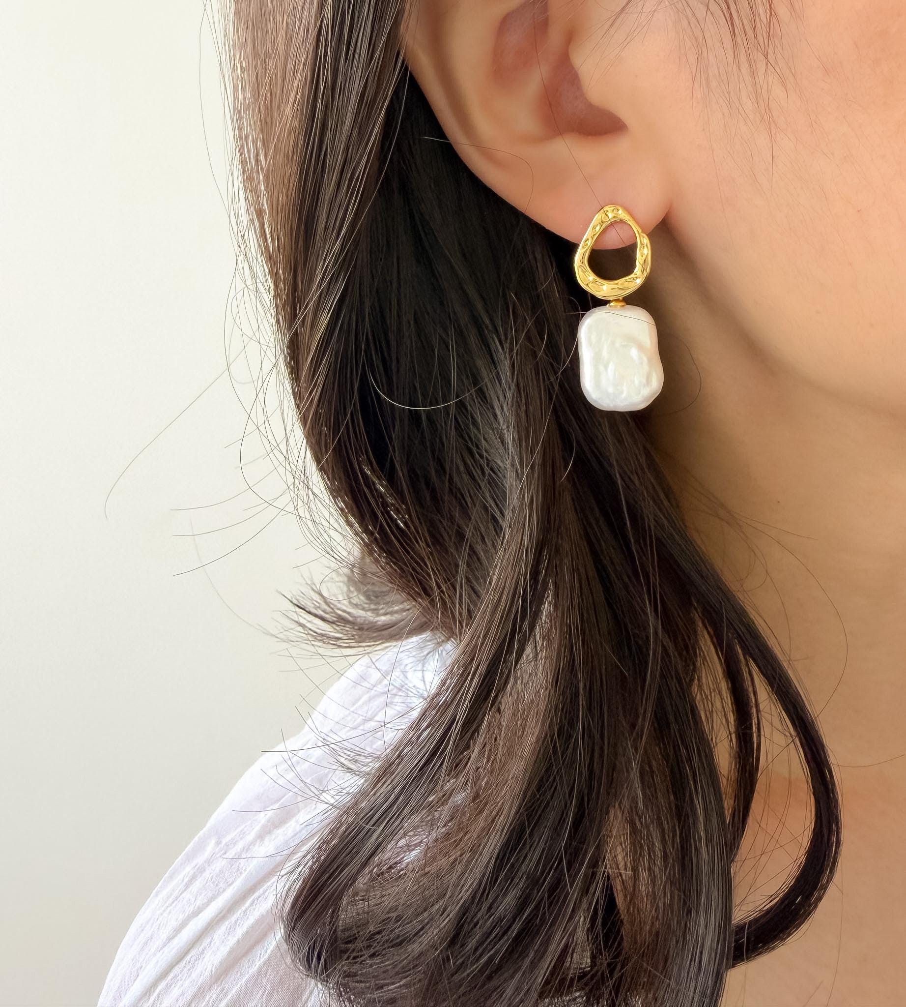 Baroque Pearl Drop Earrings: Modern 18k Gold Plated Sculptural Keshi Pearl Jewelry