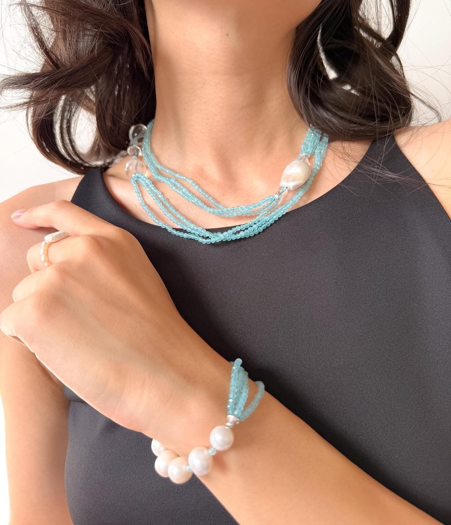 Layered Blue Cat Eye Necklace Baroque Pearl Quartz Summer Beach