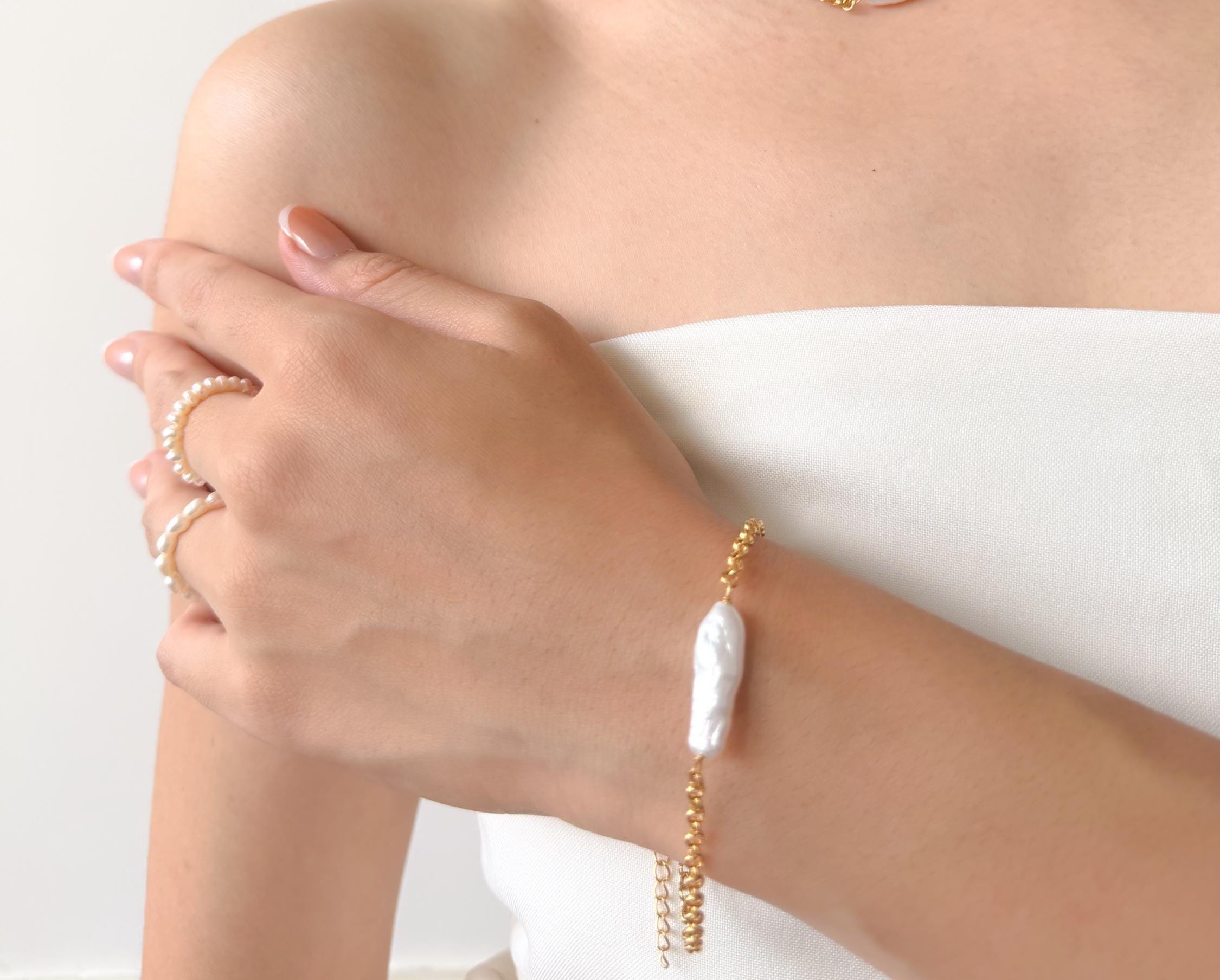 Baroque Keshi Pearl Bracelet, Gold Plated Chain, Minimalist