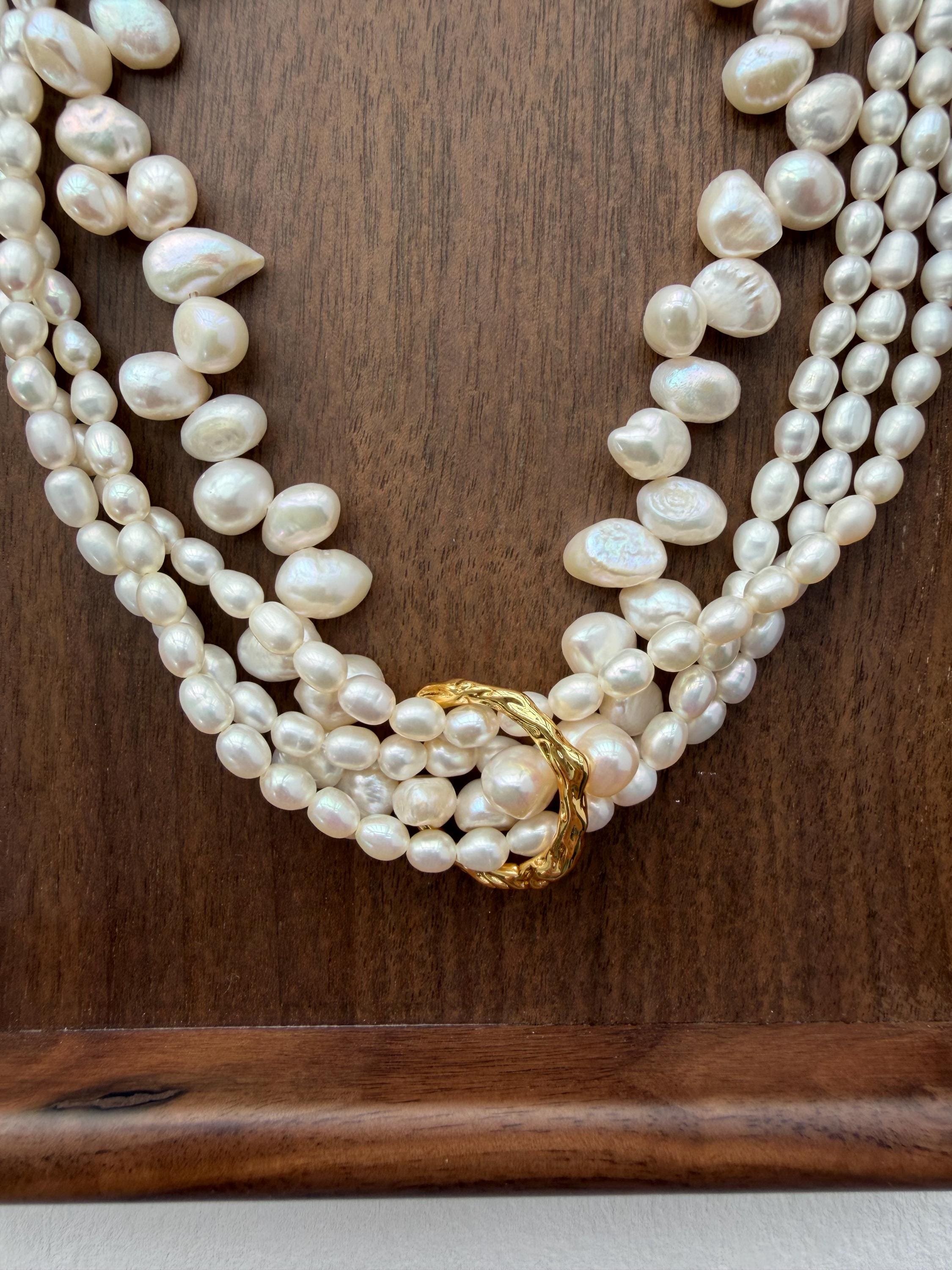 Baroque Pearl Necklace Layered Twist French Vintage 18K Gold plated Ring Statement Elegant