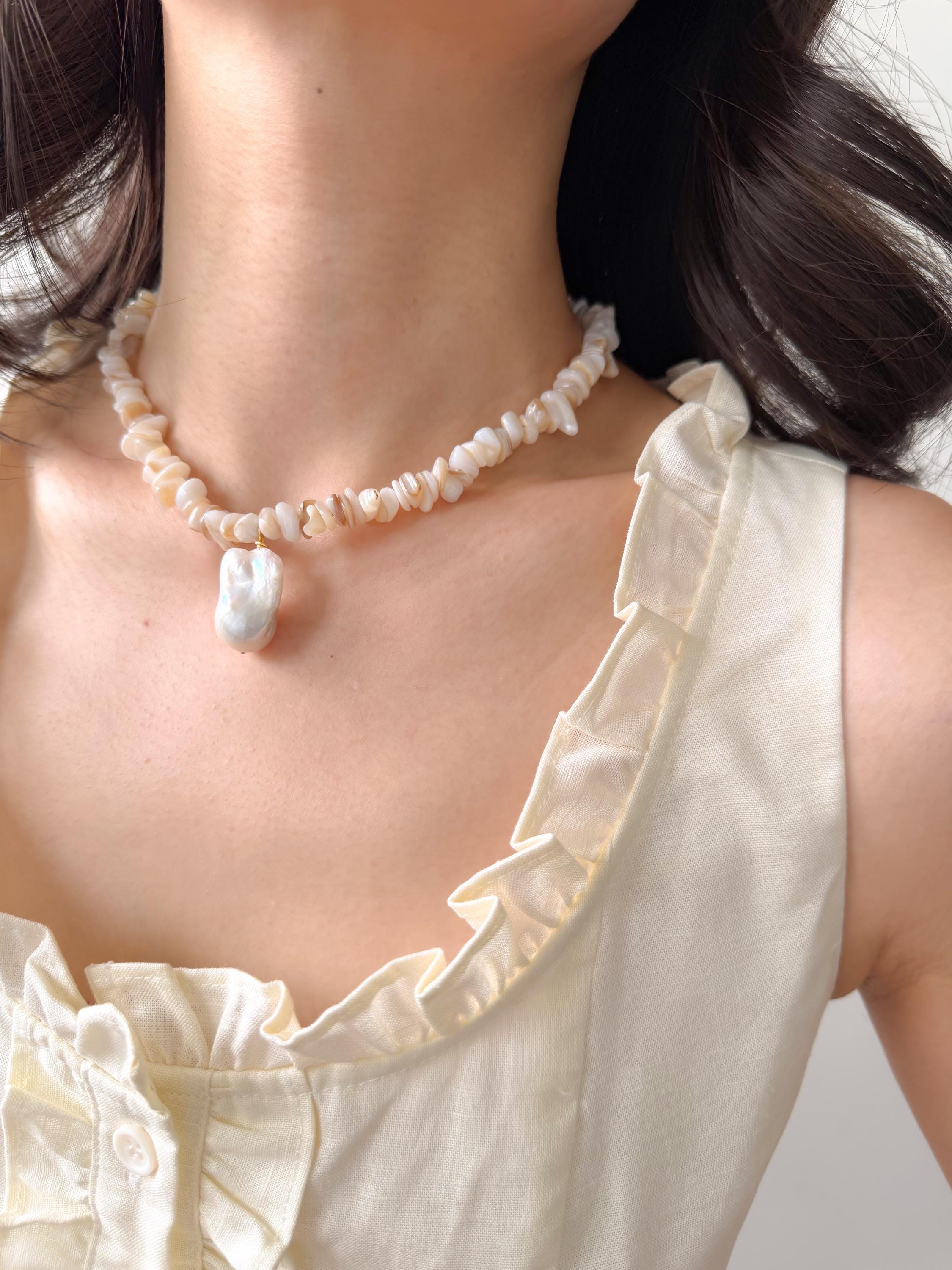 Coastal Baroque Pearl Necklace, Natural Shell Beads, Summer Pendant Jewelry
