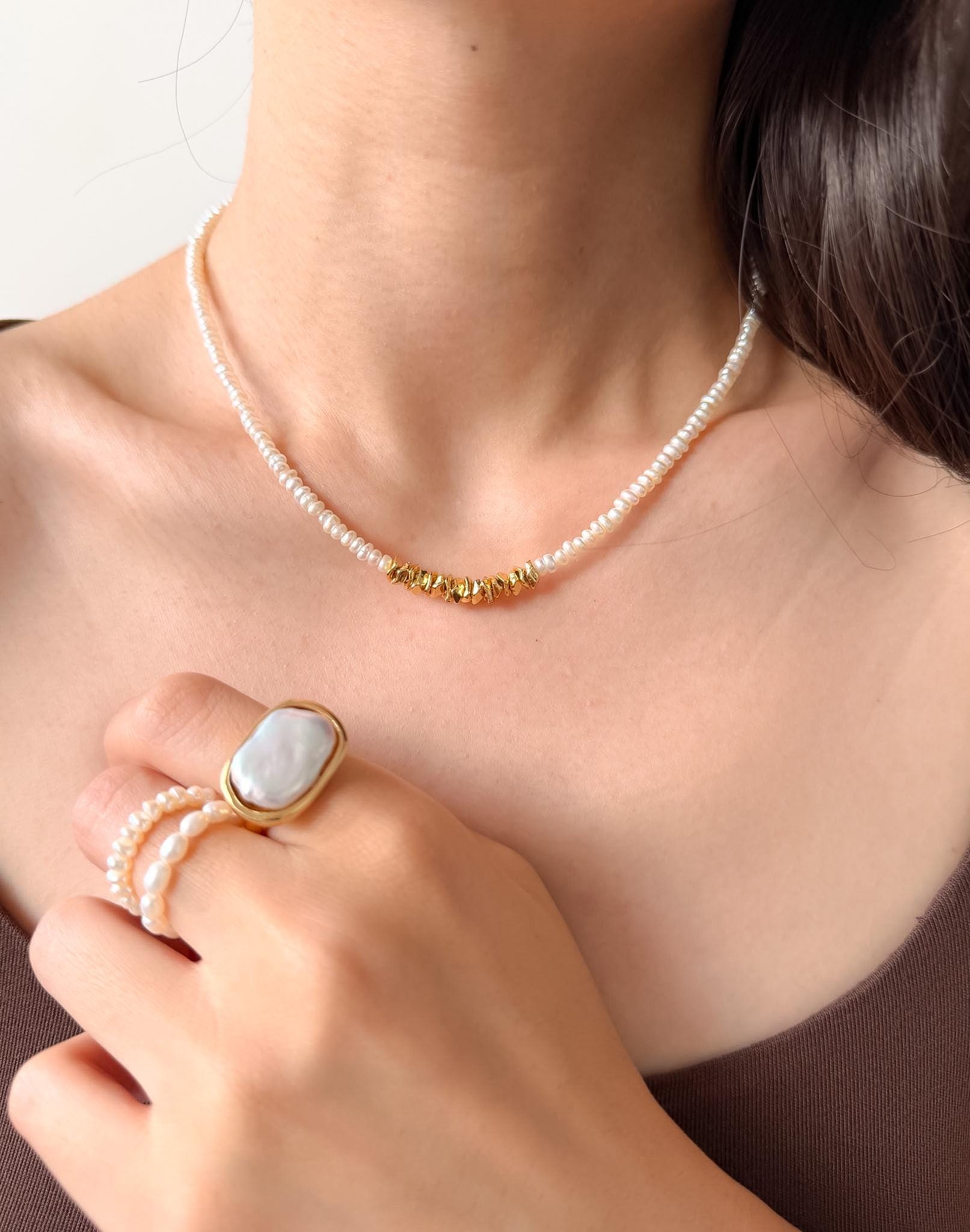 Baroque Freshwater Pearl Necklace, Gold-Toned Centerpiece, Elegant Minimalist Chain Jewelry