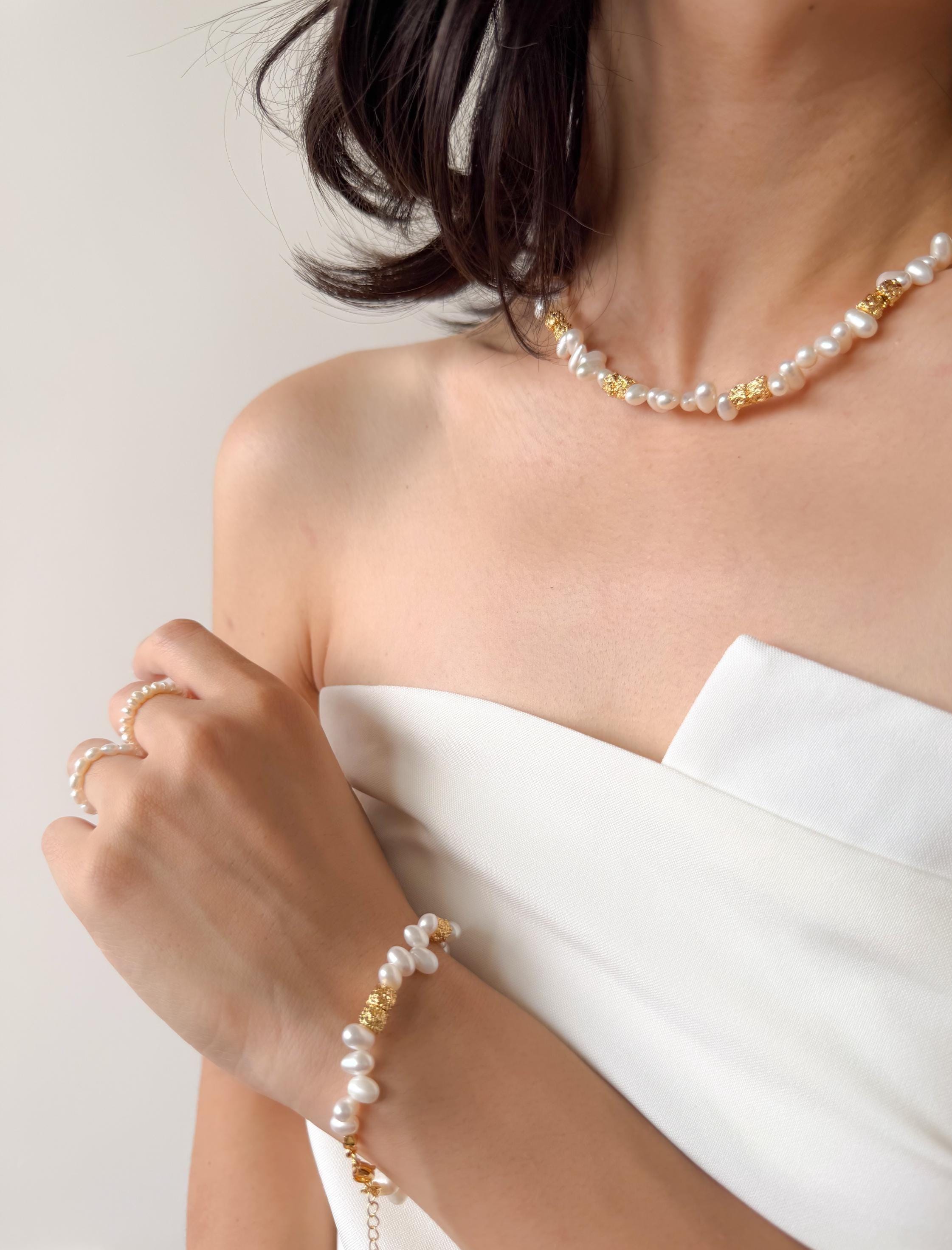 Aurora-Like Luster Pearl Bracelet Lava Inspired 18K Gold Plated Statement Modern Organic Elegant