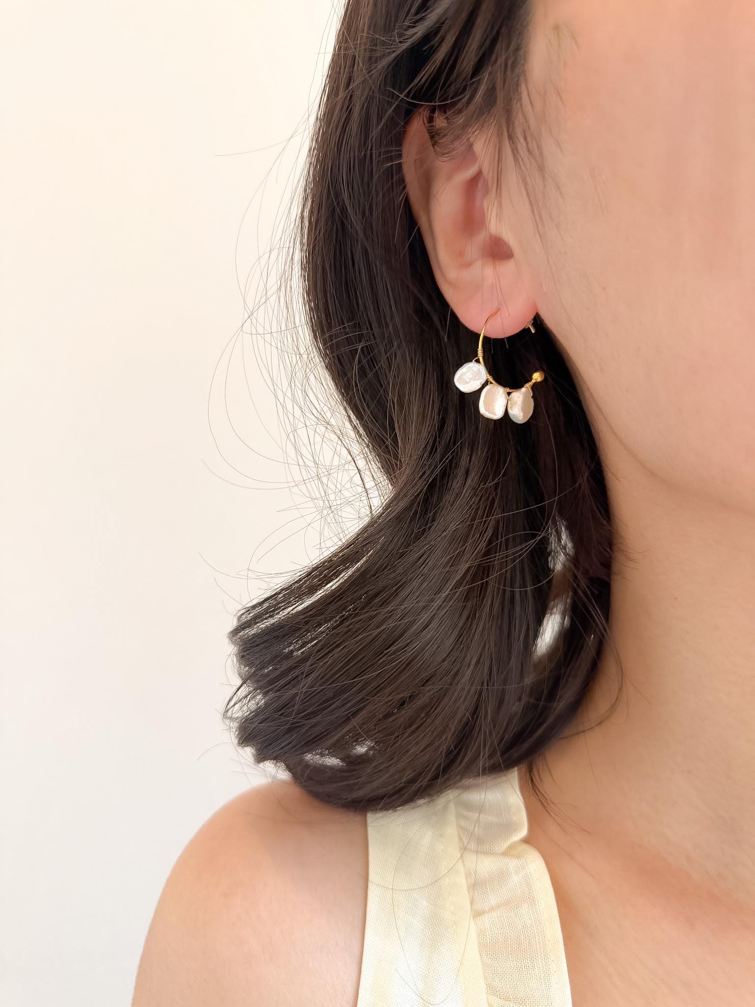Petal Pearl Hoop Earrings Keshi Pearl Hoops French Minimalist