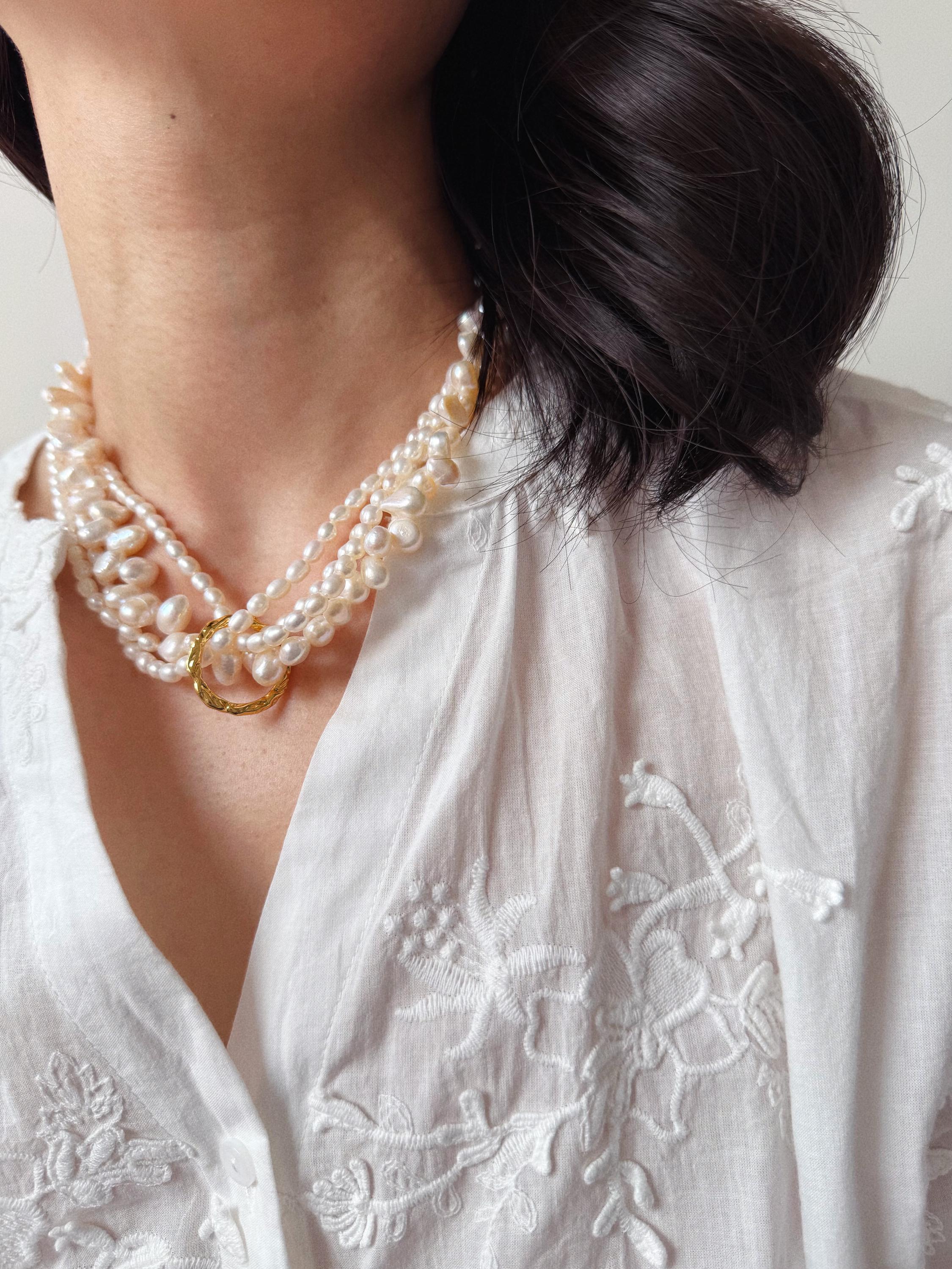 Baroque Pearl Necklace Layered Twist French Vintage 18K Gold plated Ring Statement Elegant