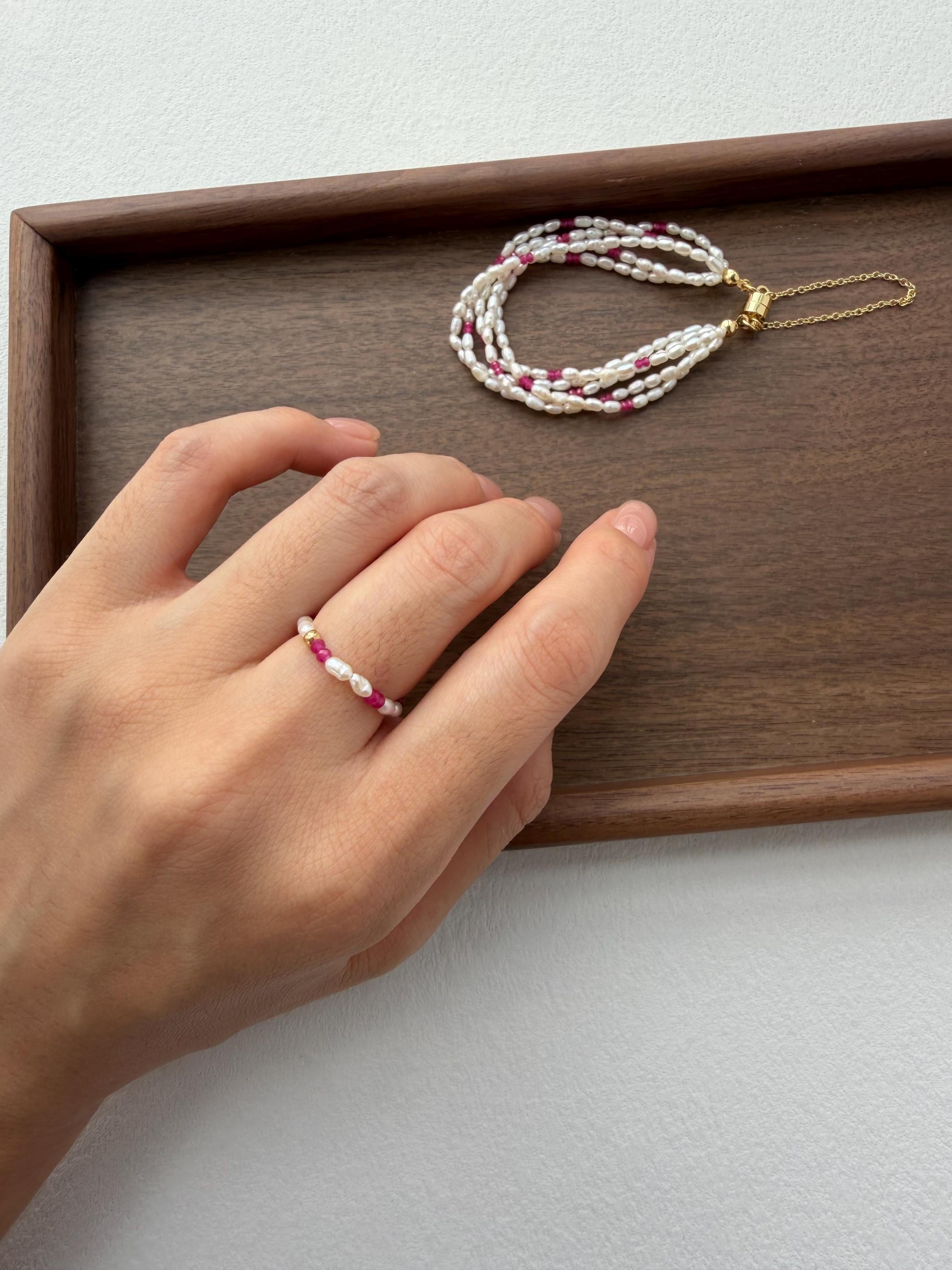 Freshwater Pearl Ring with Pink Accent Beads, Delicate Beaded Jewelry