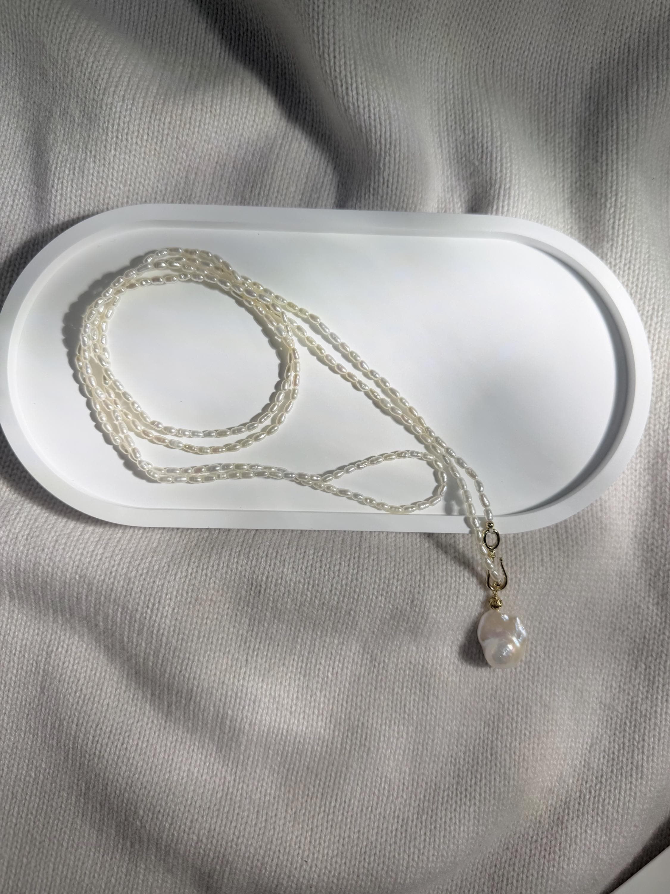 Long Freshwater Pearl Necklace, Baroque Pendant, Gold Clasp Detail