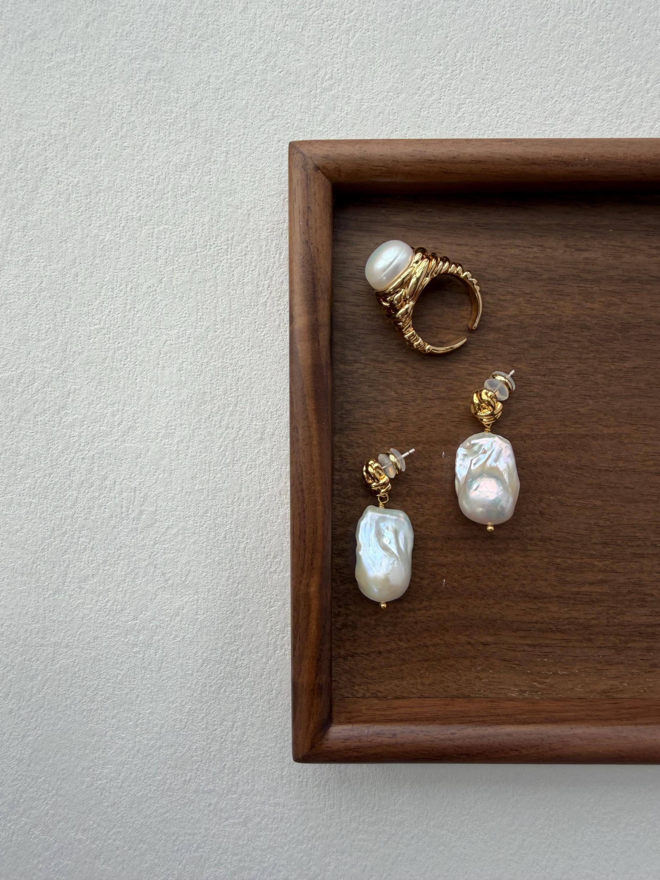 Large Baroque Pearl Drop Earrings, 18K Gold Plated Sculptural Accents, Vintage Style