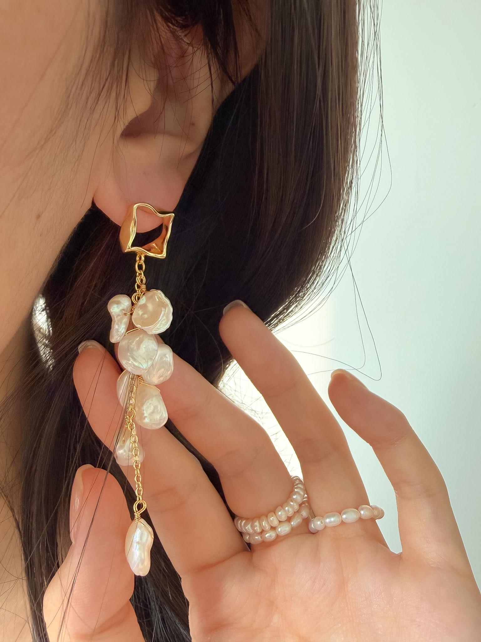 Asymmetrical Baroque Keshi Pearl Tassel Earrings, Gold Drop, Romantic Summer