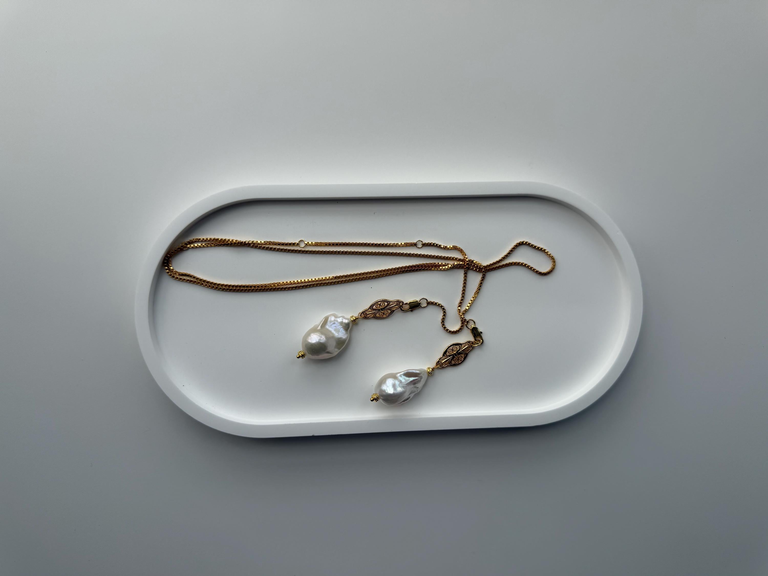 Baroque Pearl Lariat Necklace, 18K Gold Plated Adjustable Pendant Chain
