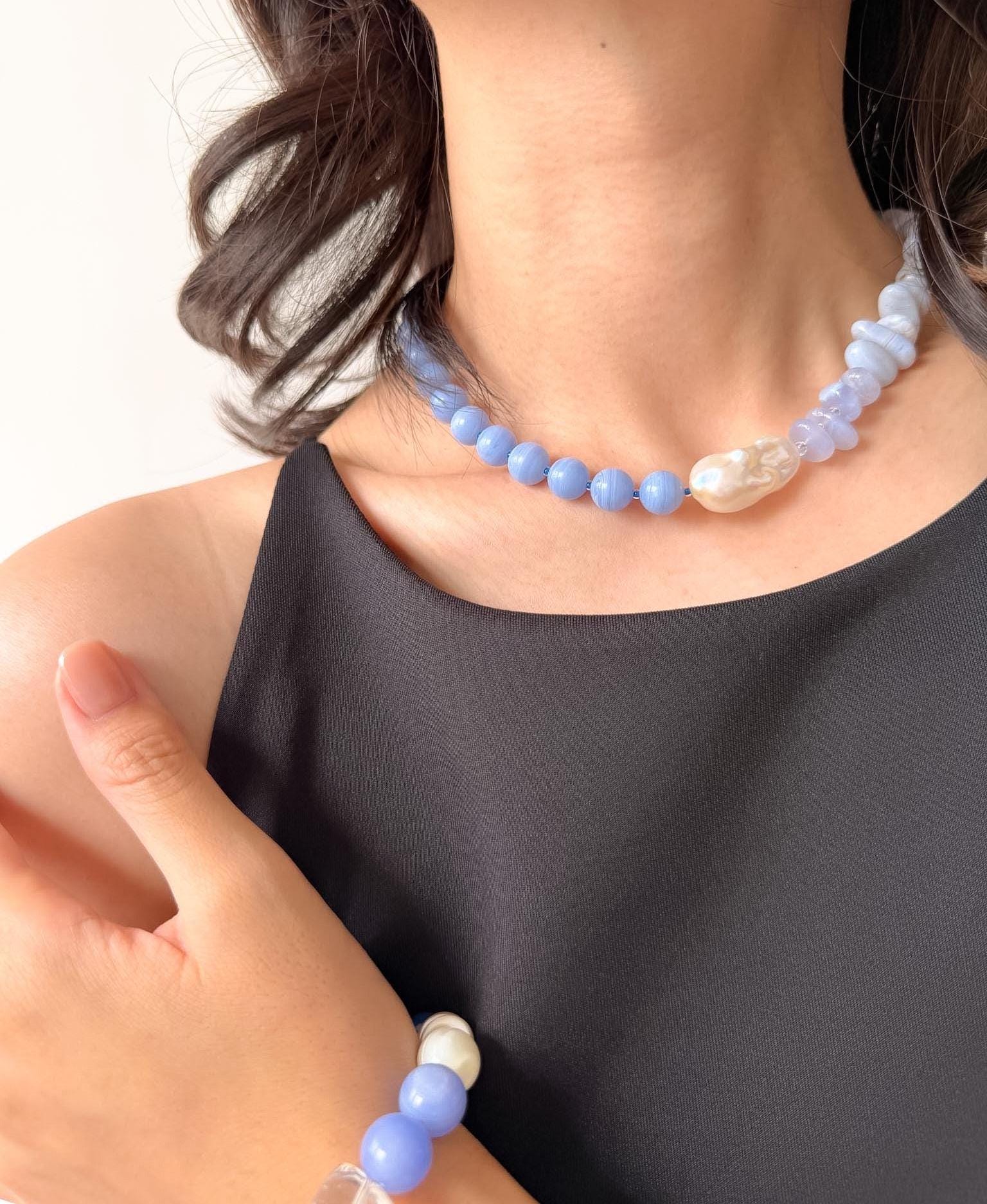 Blue Agate Baroque Pearl Bracelet, Freshwater Seaside Jewelry