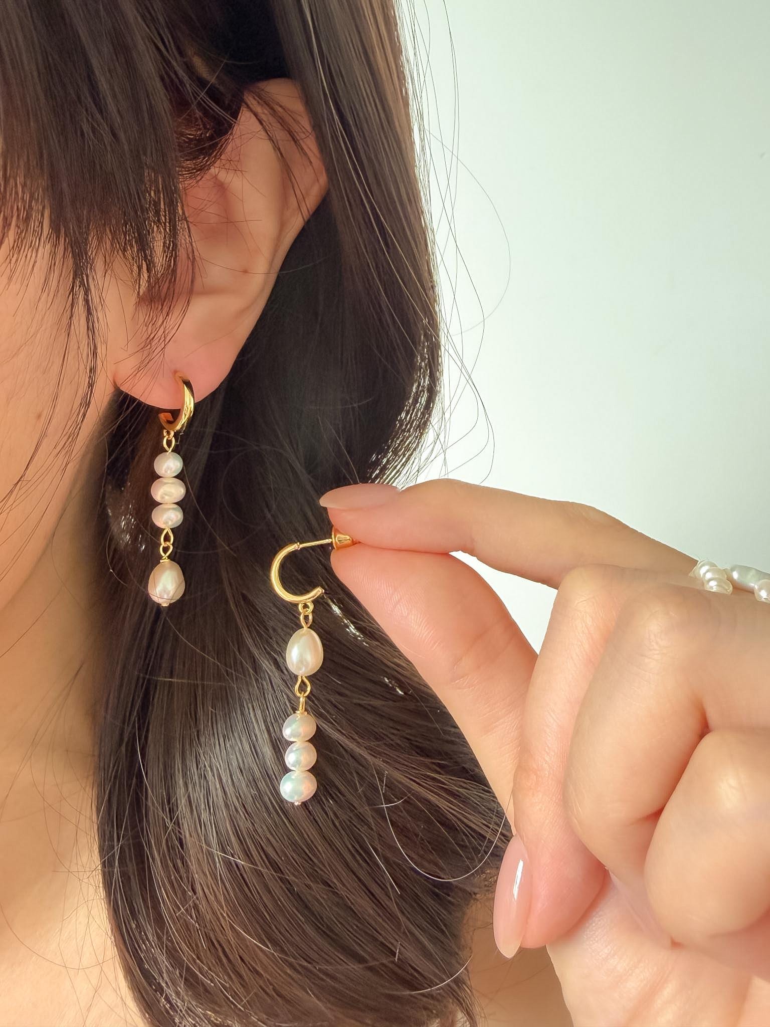 Asymmetrical Baroque Pearl Drop Earrings, Gold Dangle, Minimalist