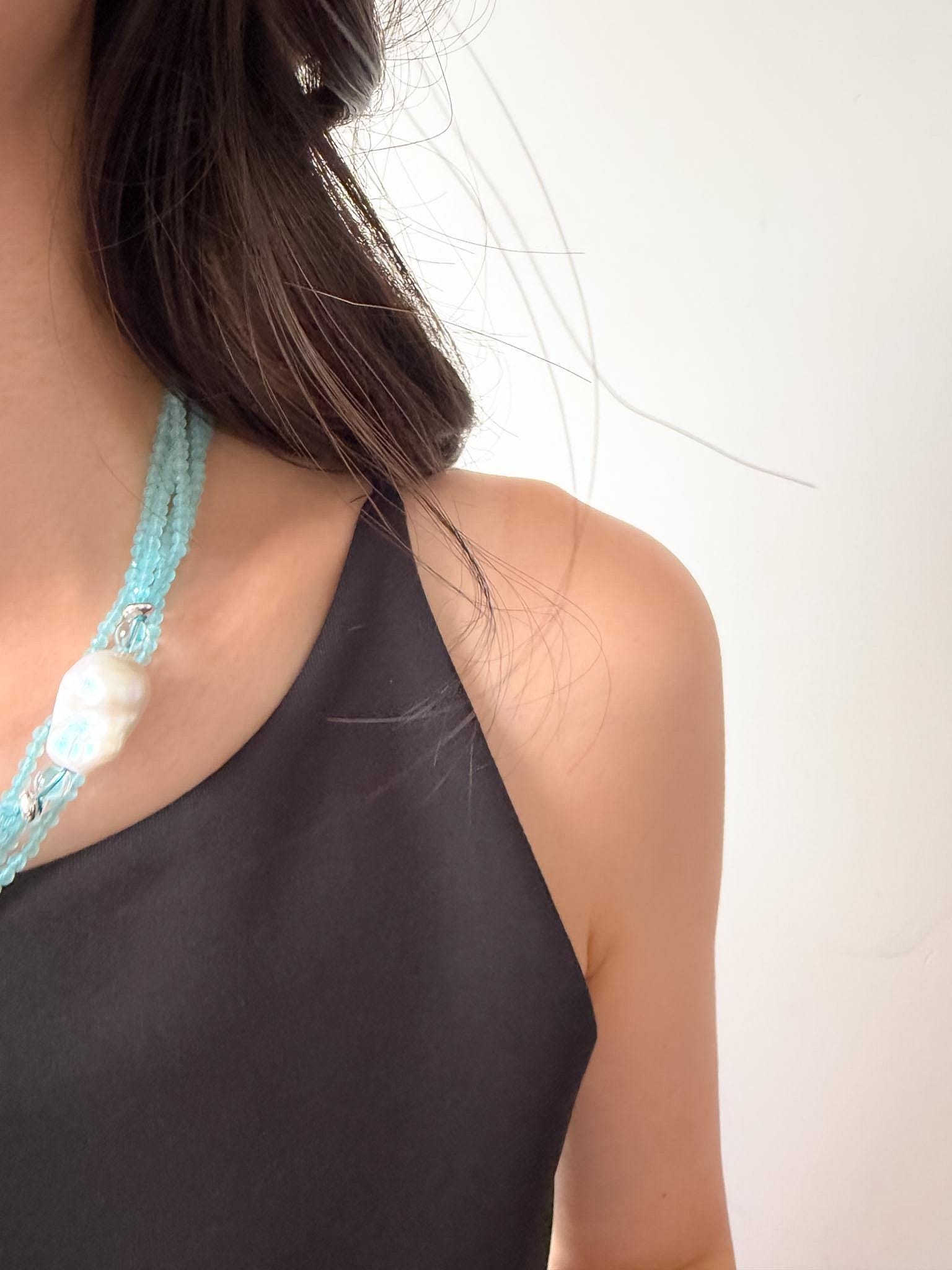Layered Blue Cat Eye Necklace Baroque Pearl Quartz Summer Beach