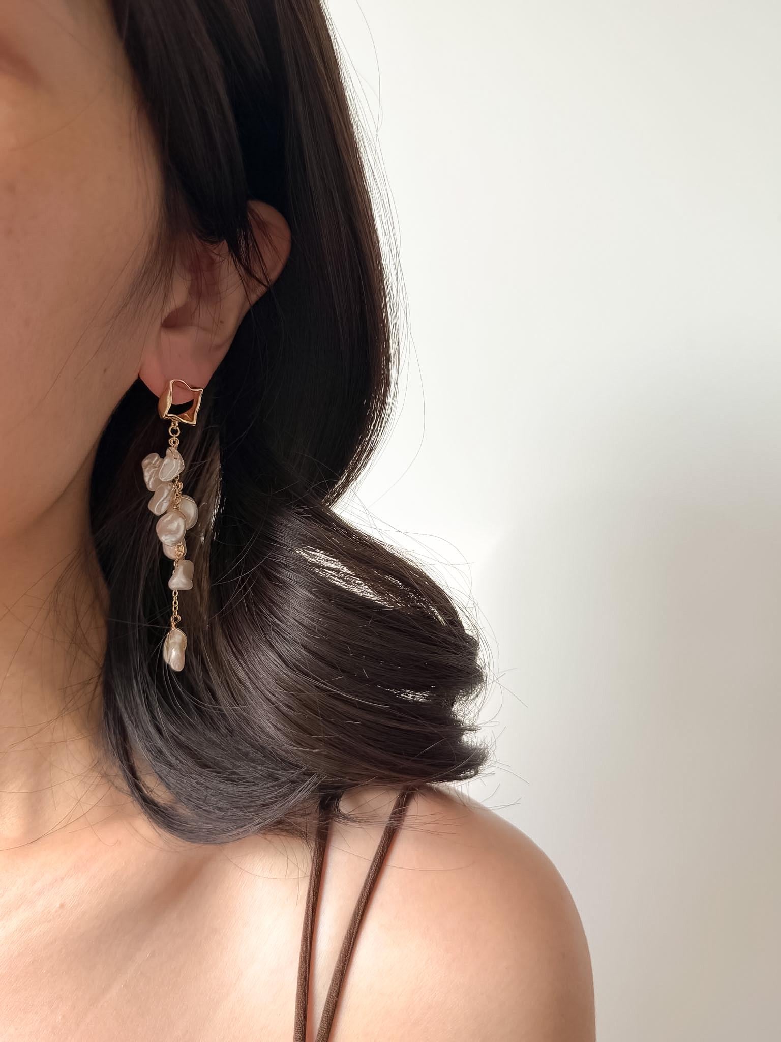 Asymmetrical Baroque Keshi Pearl Tassel Earrings, Gold Drop, Romantic Summer