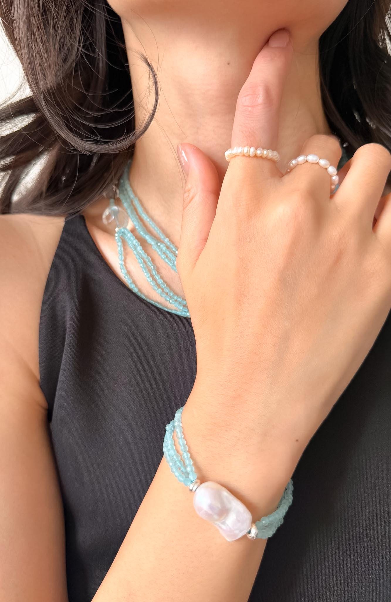 Layered Blue Cat Eye Bracelet Baroque Pearl Summer Beach Elegant