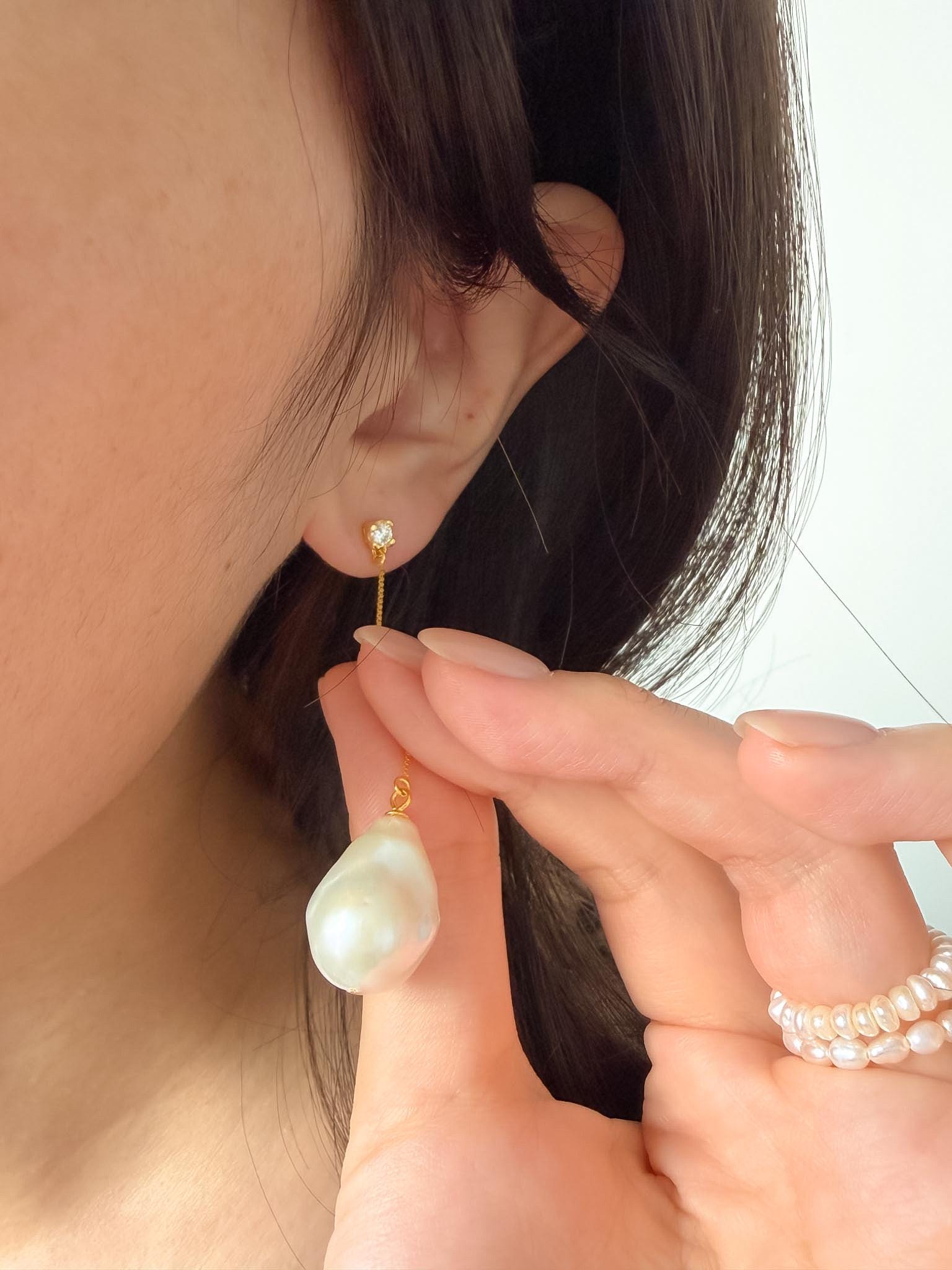 Baroque Pearl Drop Beach Earrings, Gold Chain, Romantic Statement, Wedding Earrings