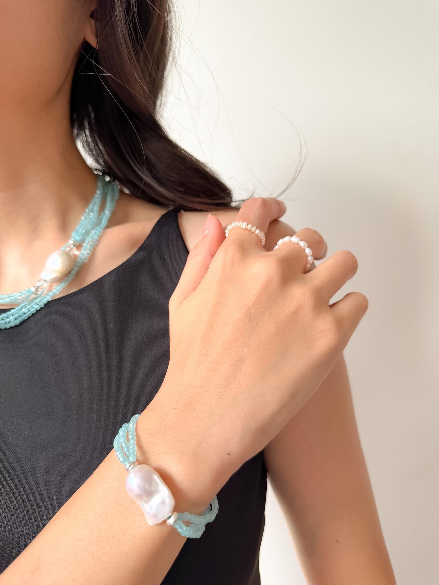 Layered Blue Cat Eye Bracelet Baroque Pearl Summer Beach Elegant