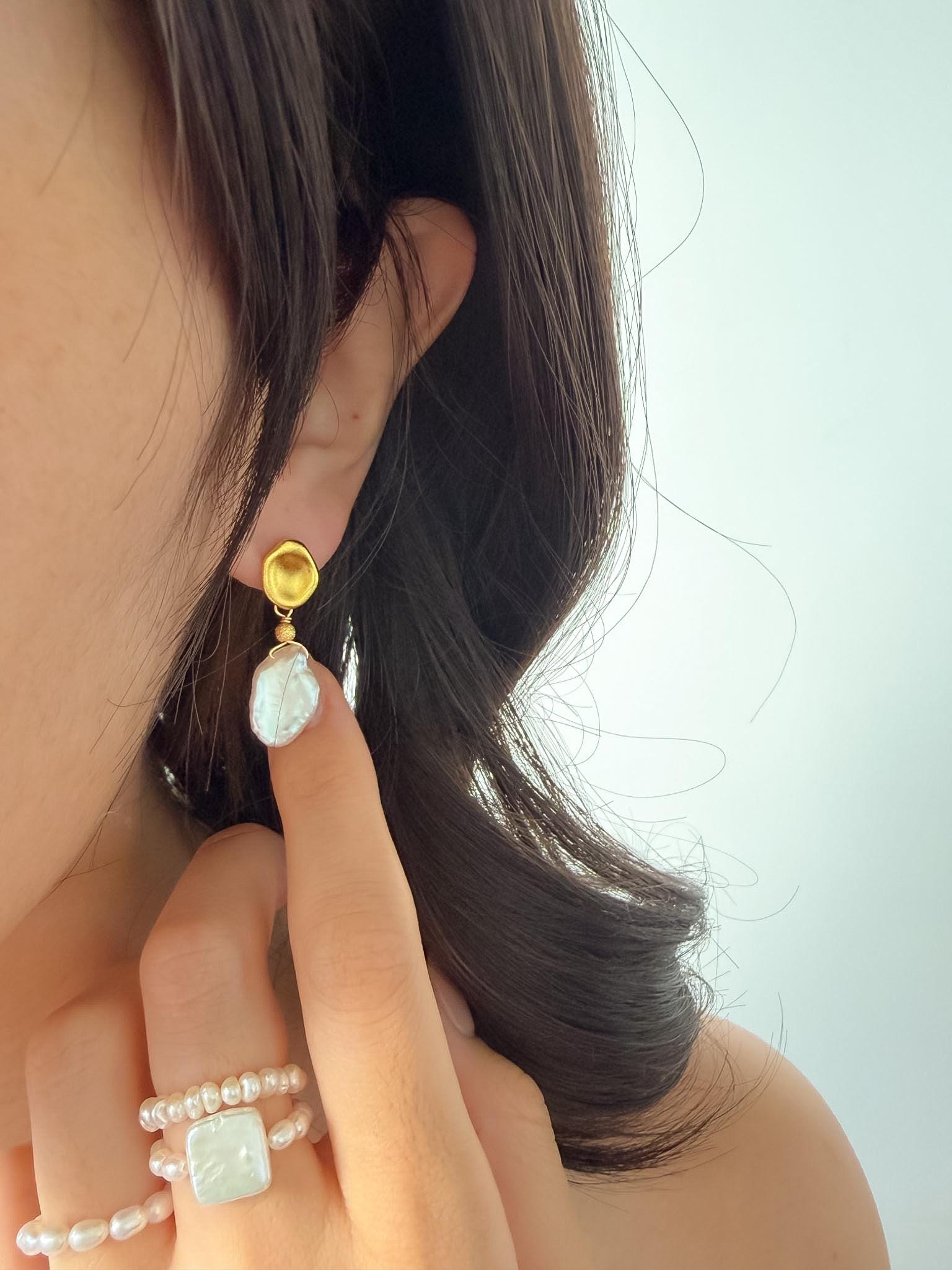 Baroque Keshi Pearl Drop Earrings, Modern Gold-Toned