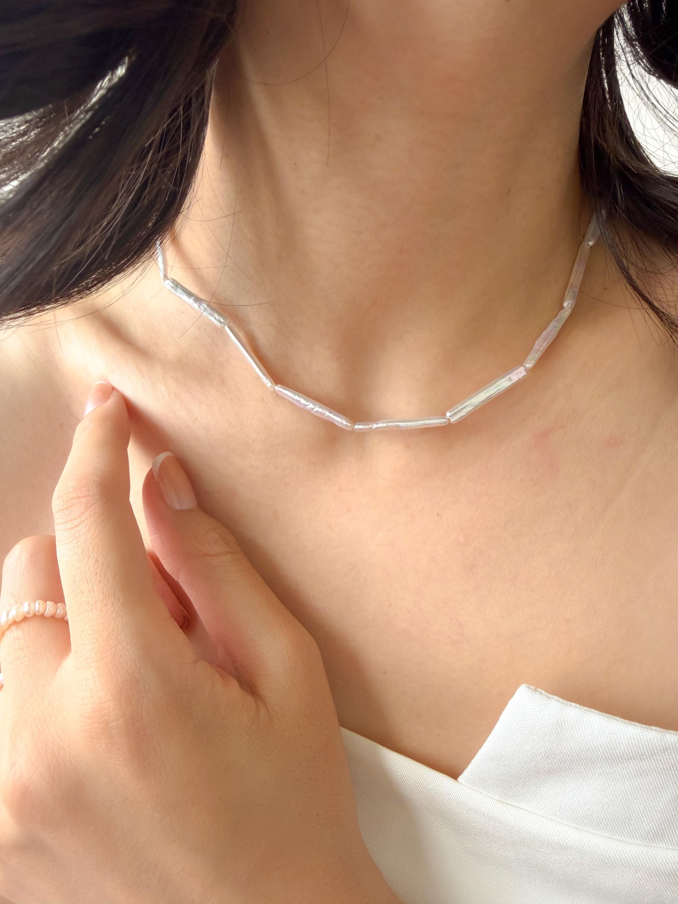 Modern Stick Keshi Pearl Necklace, Freshwater Baroque Pearls, Contemporary Jewelry, Adjustable Length