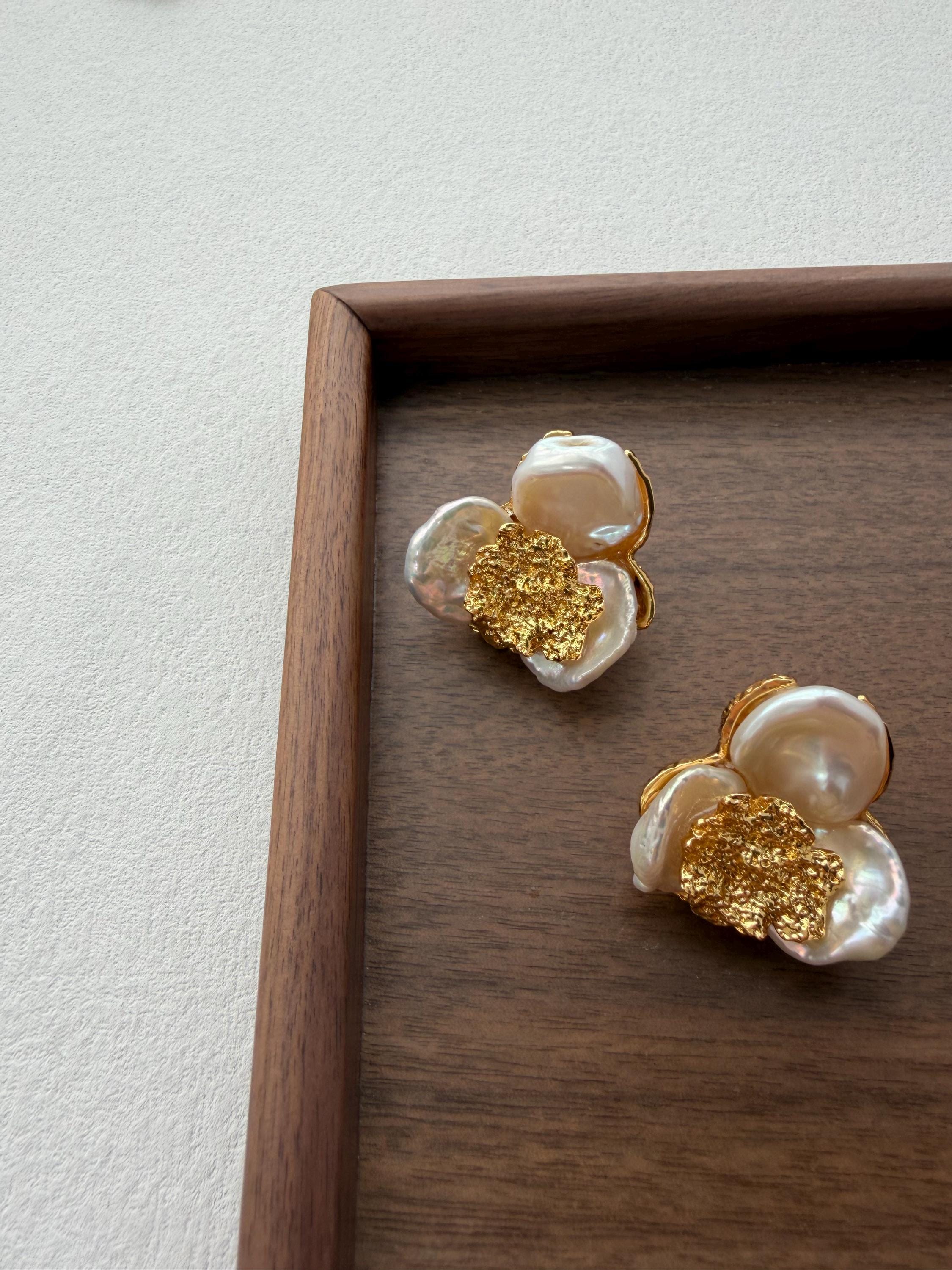 18k Gold Plated Flower Pearl Statement Earrings: Elegant Floral