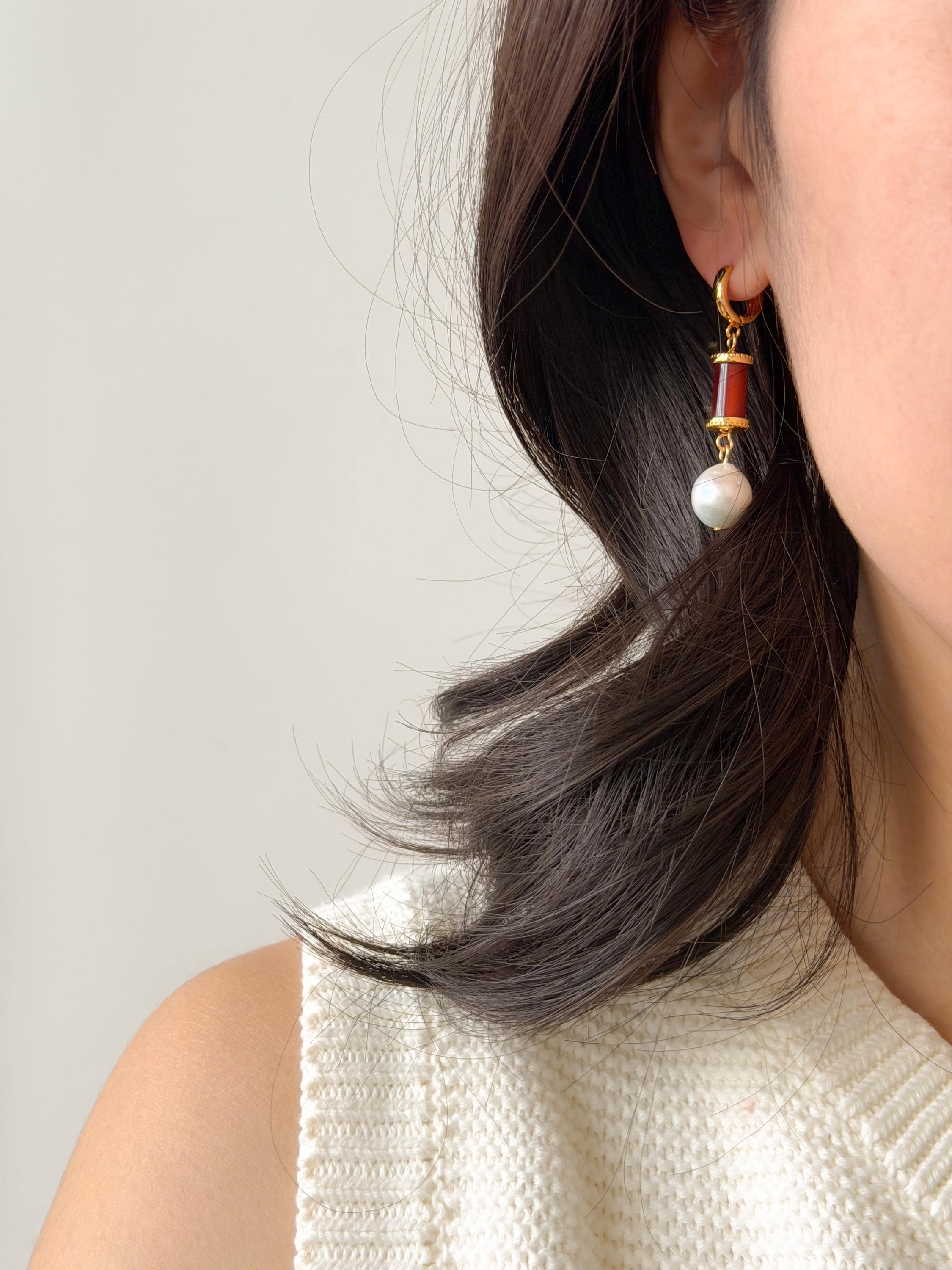 Red Enamel 18k Gold Plated Drop Earrings with Freshwater Pearl Drop – Vintage Style