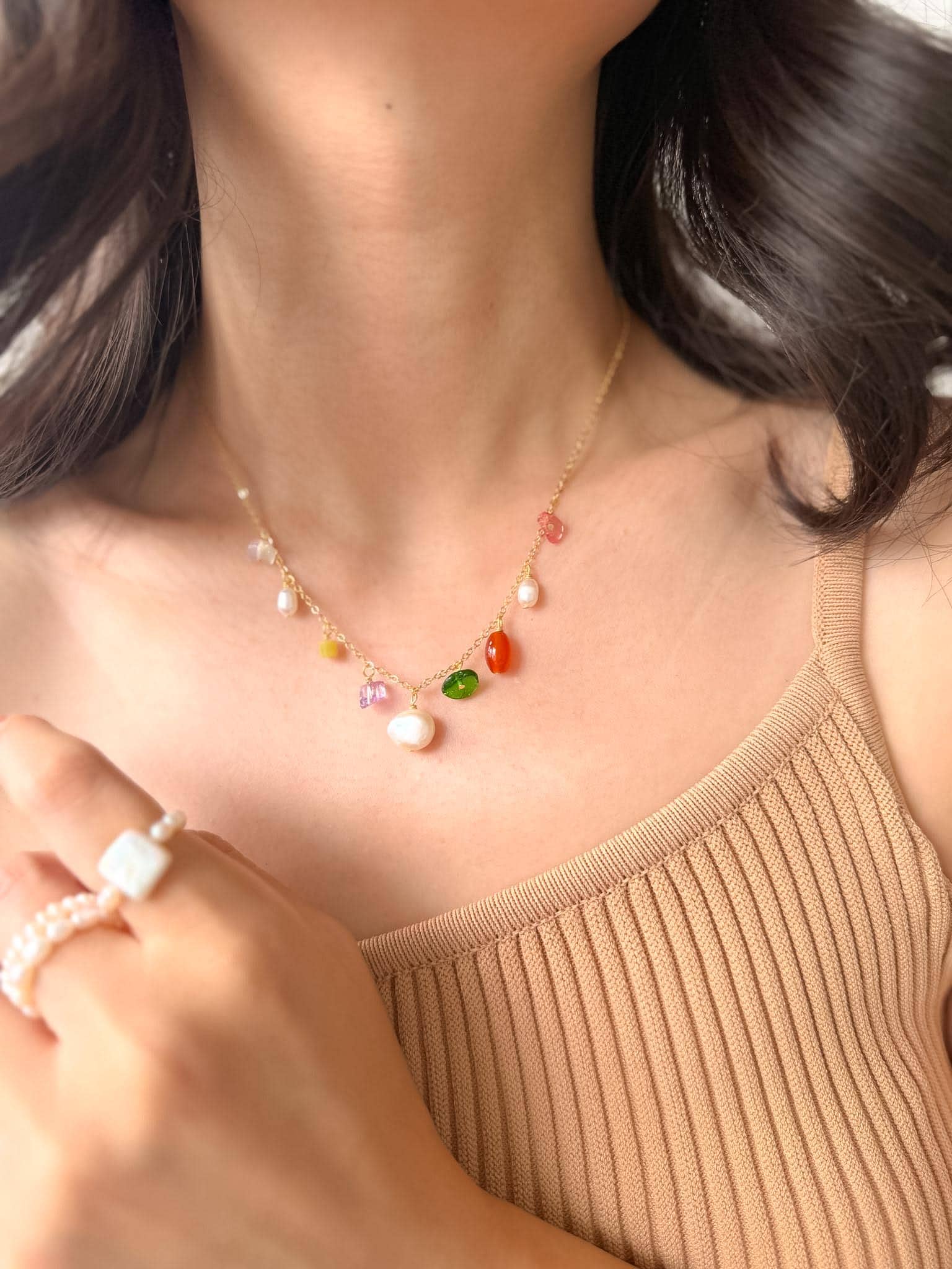 Summer Beach Fresh Minimalist Gold Chain Jewelry Freshwater Pearl Charm Necklace Colorful Gemstone Necklace