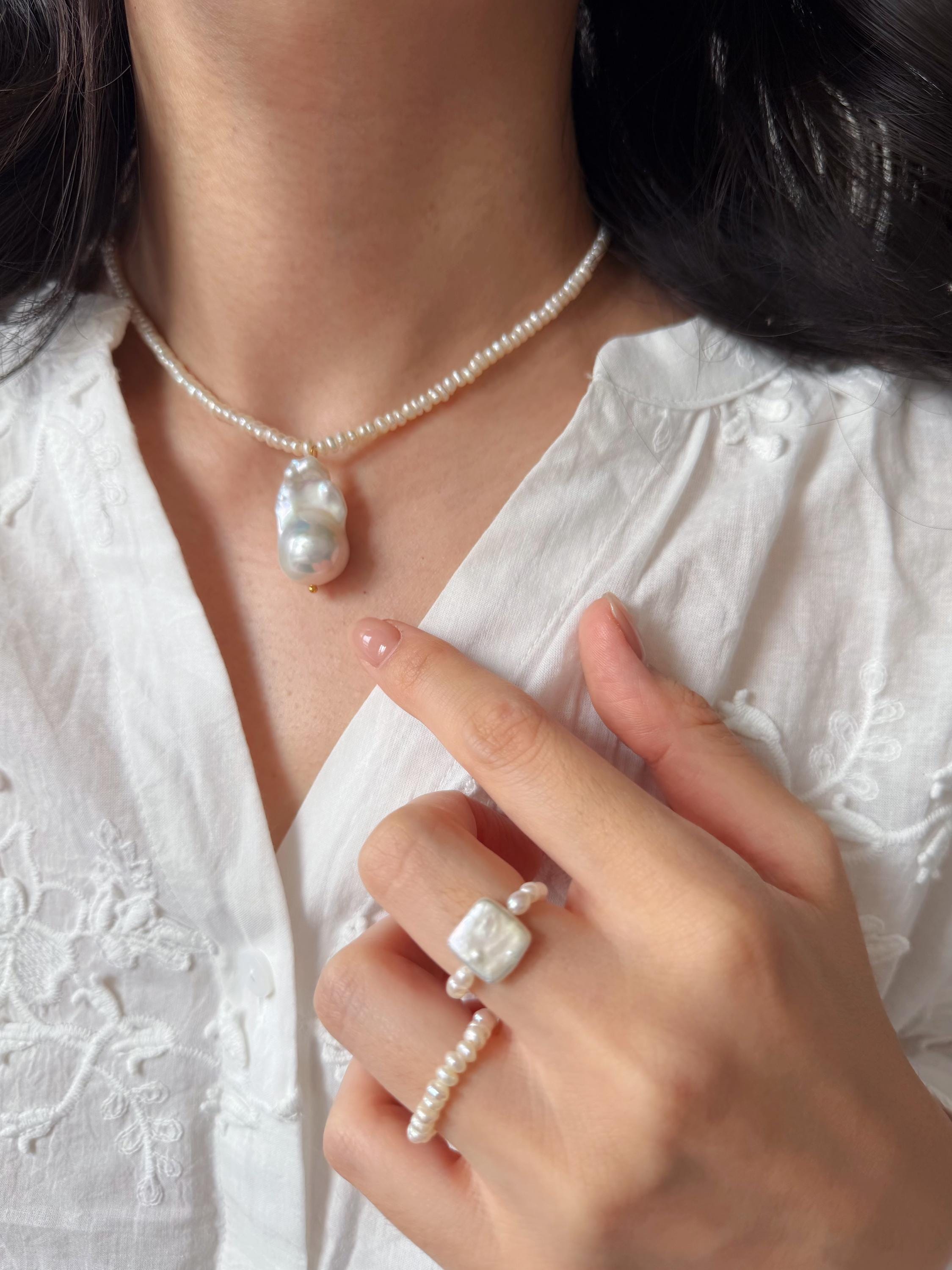 Baroque Pearl Pendant Necklace, Delicate Beaded Chain, Romantic