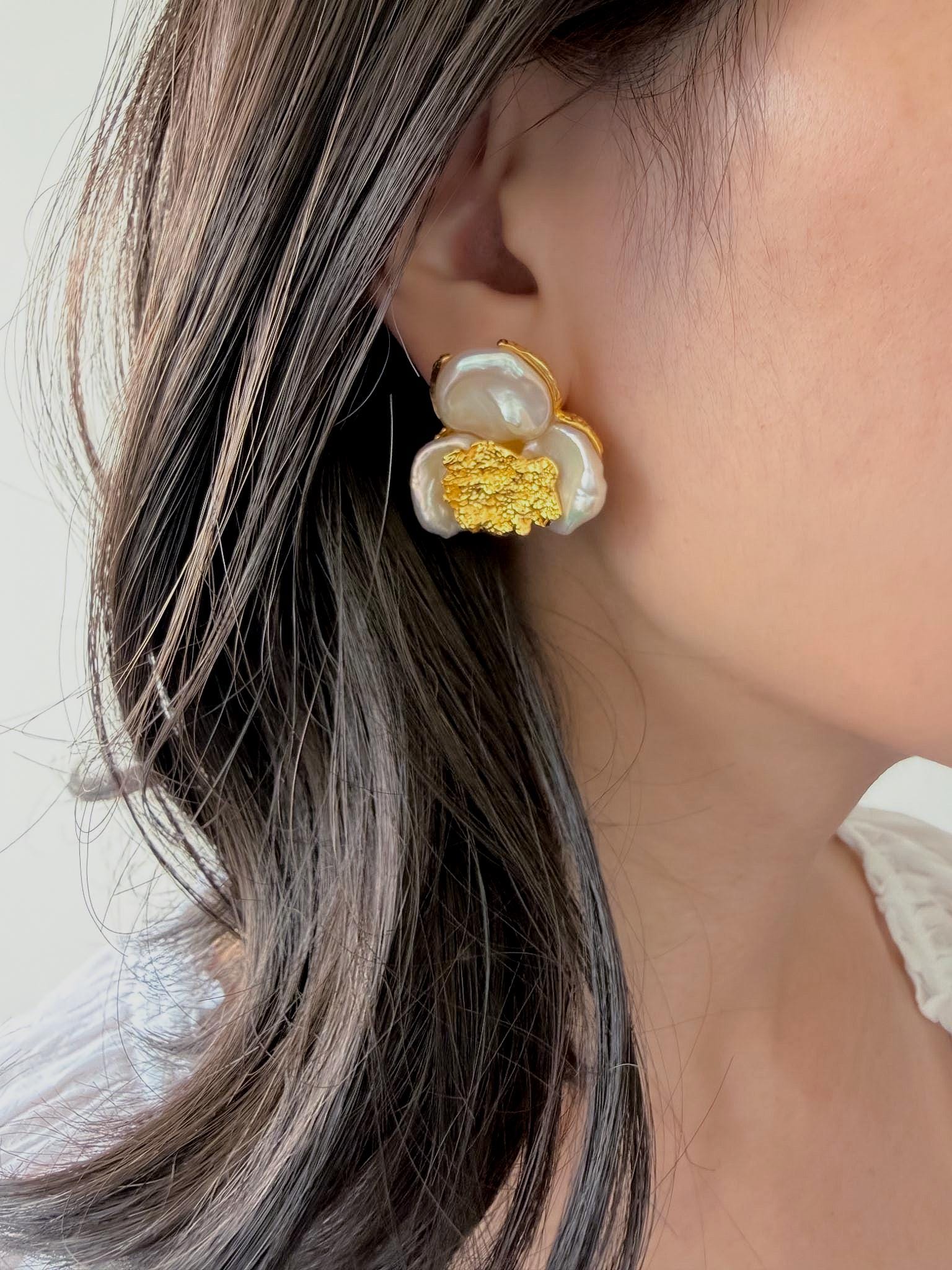 18k Gold Plated Flower Pearl Statement Earrings: Elegant Floral