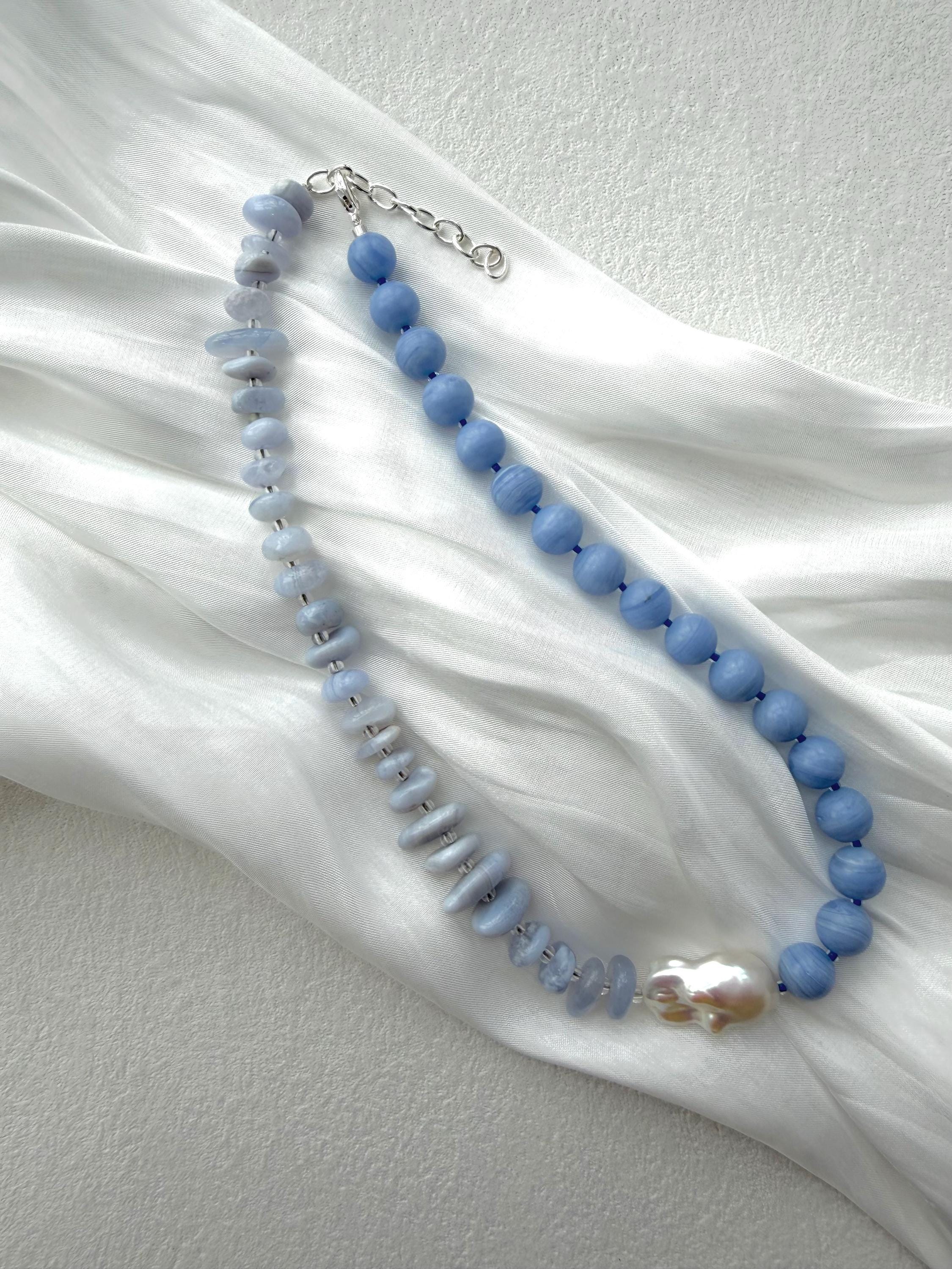 Ocean Inspired Blue Agate Necklace Baroque Pearl Quartz Summer Beach Elegant