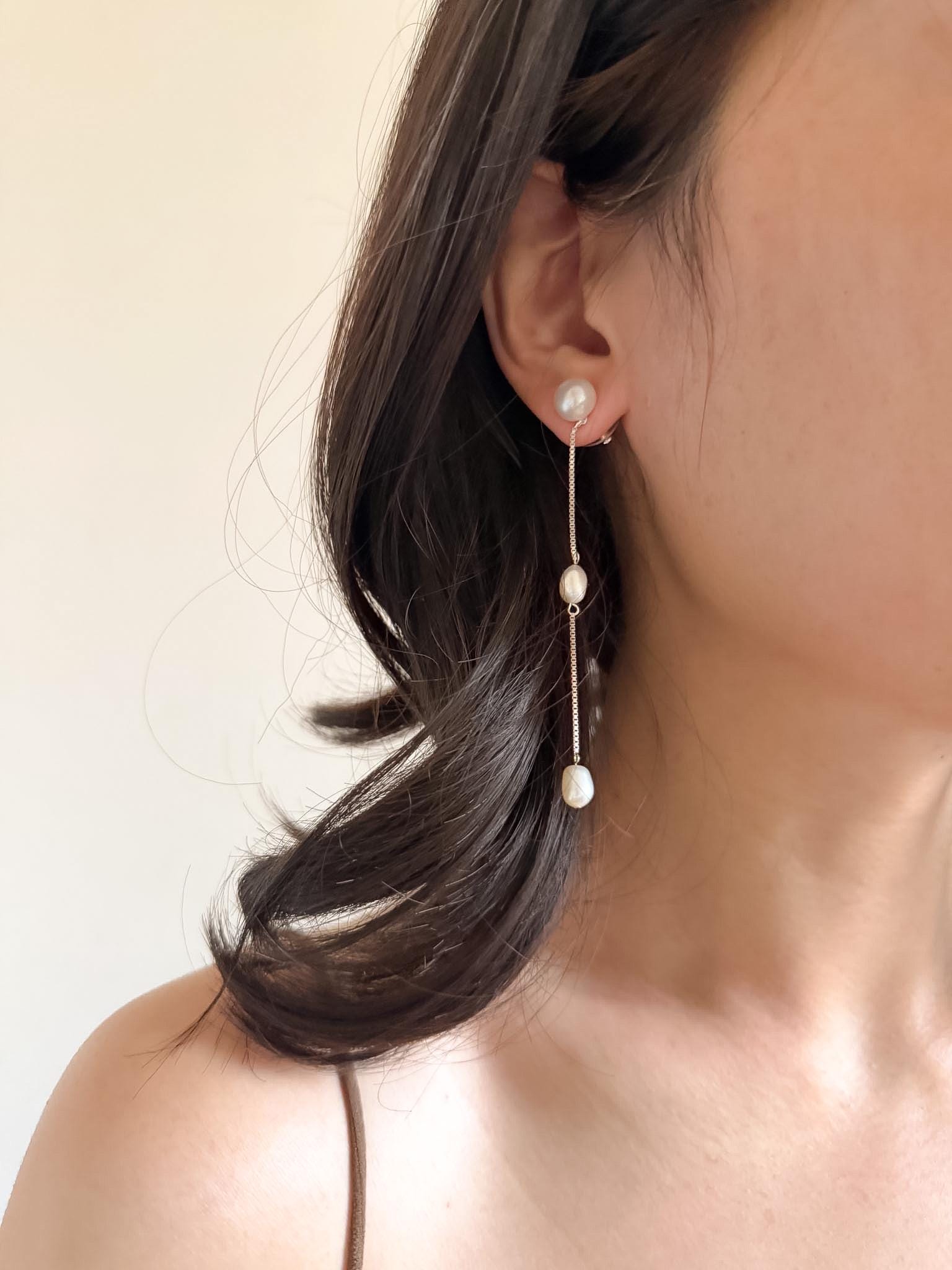 French Minimalist Pearl Drop Earrings Long Chain