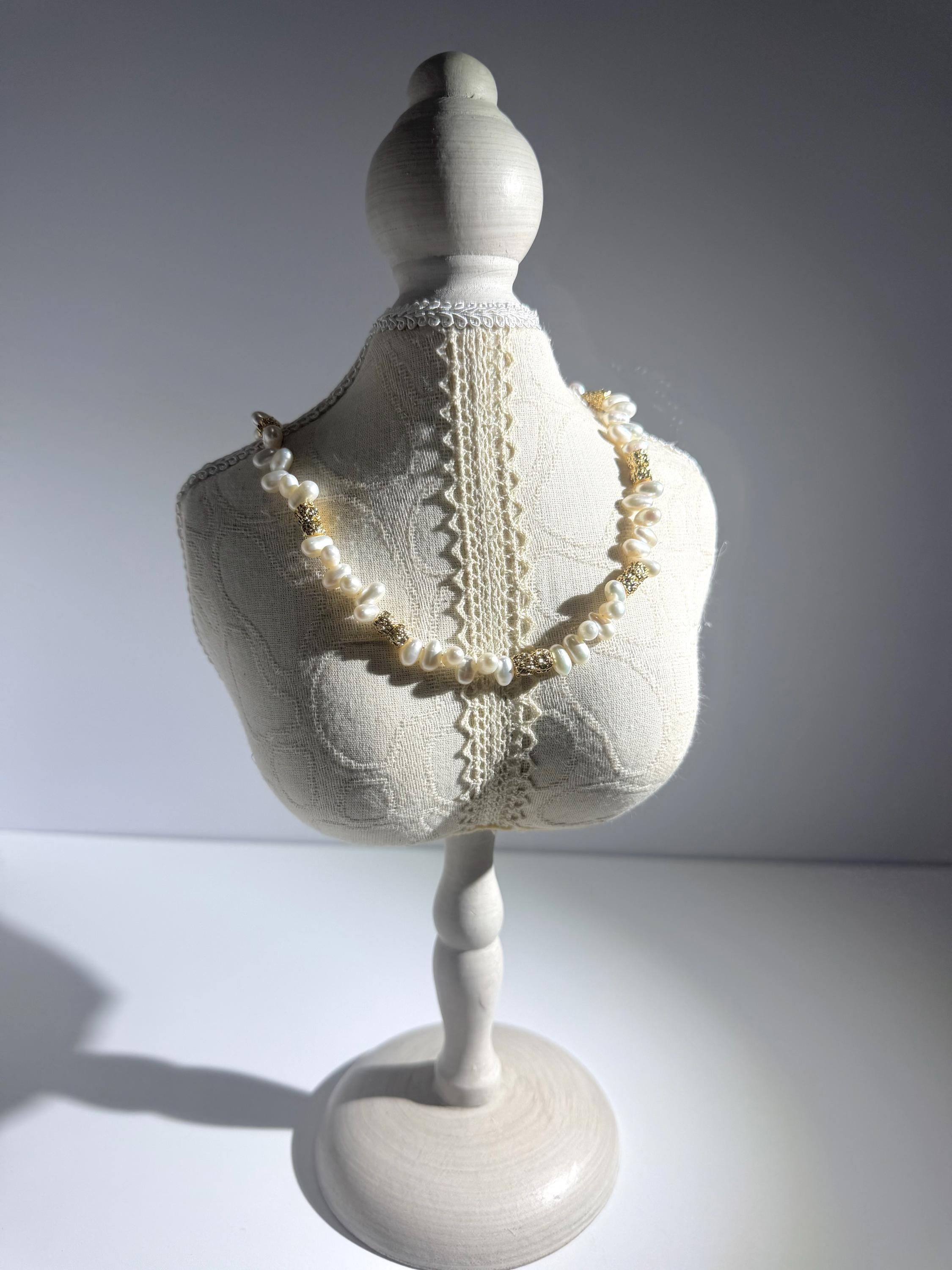 Aurora-Like Luster Pearl Necklace, Lava-Inspired 18 K Gold Plated, Natural White Pearls, Adjustable Length