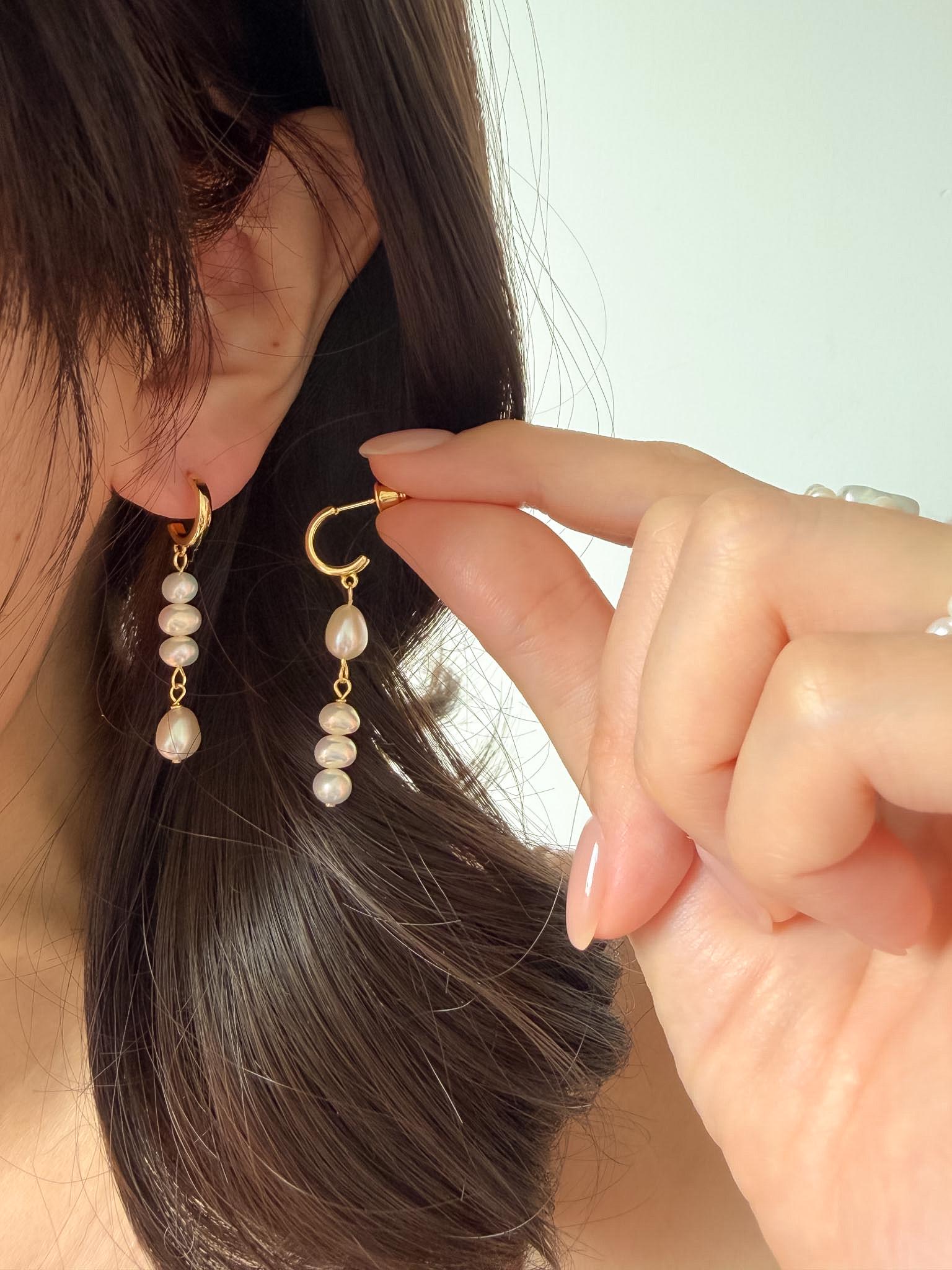 Asymmetrical Baroque Pearl Drop Earrings, Gold Dangle, Minimalist
