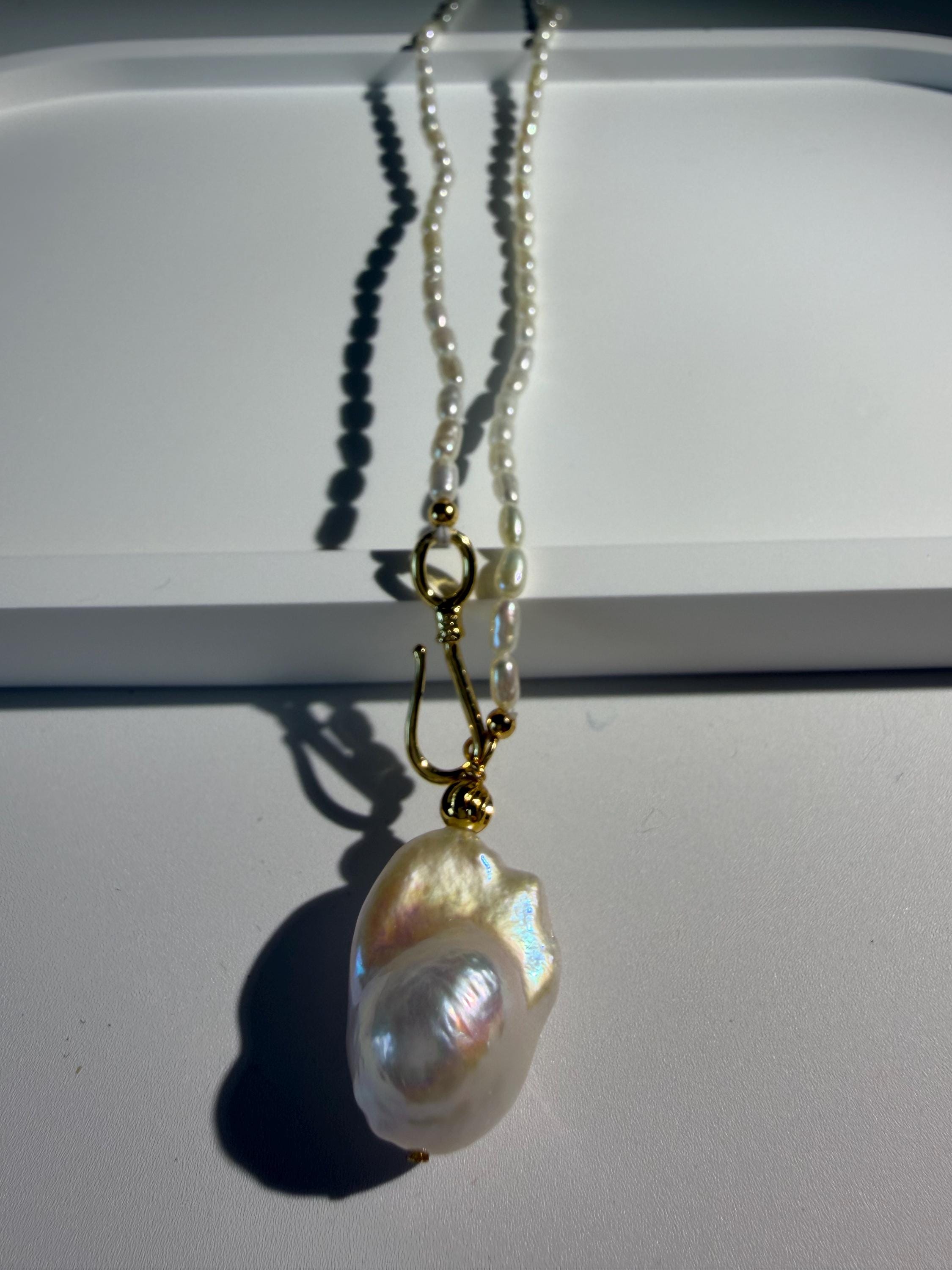 Long Freshwater Pearl Necklace, Baroque Pendant, Gold Clasp Detail