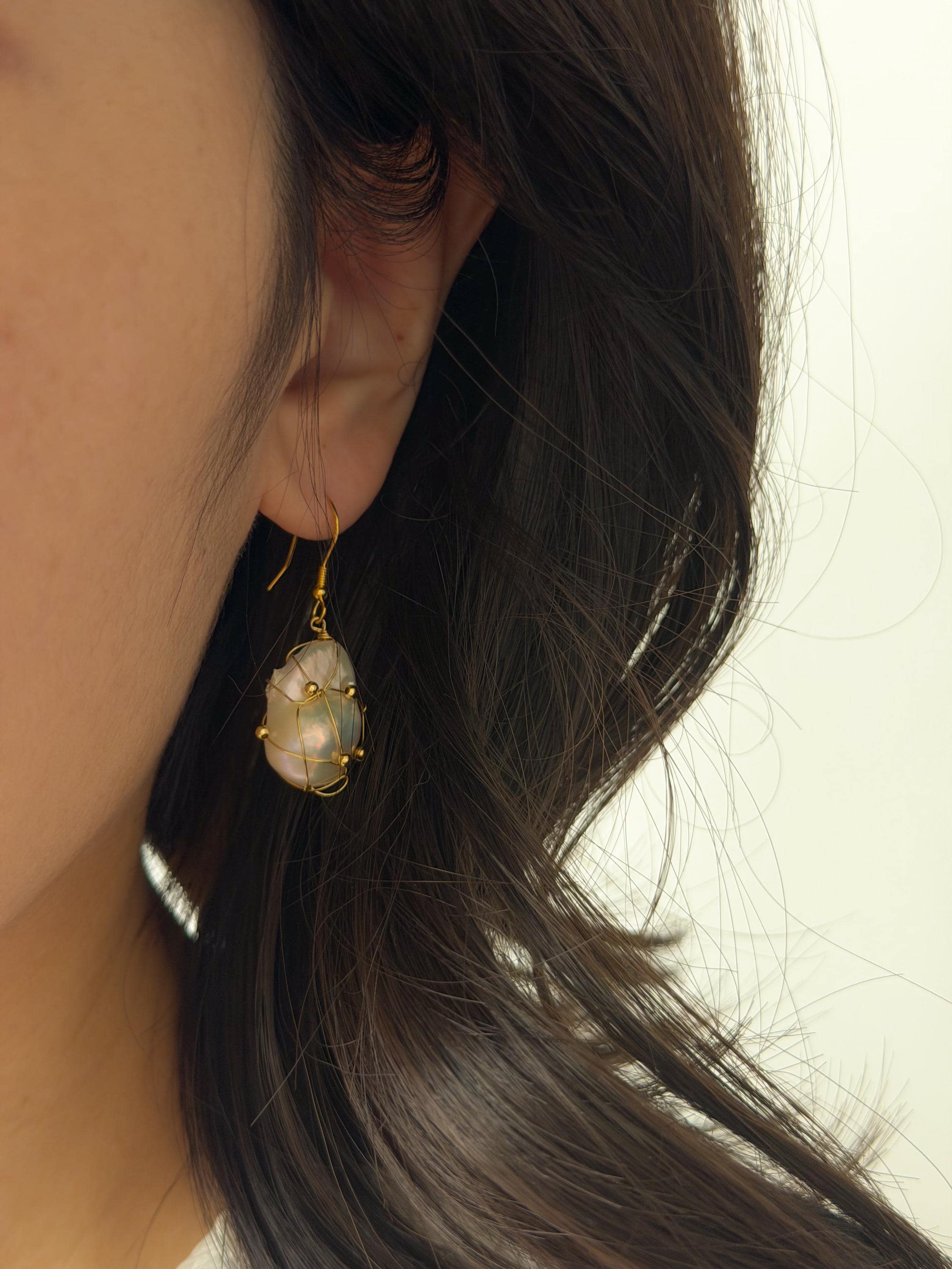 Wire Wrapped Baroque Pearl Drop Earrings, 18k Gold Plated