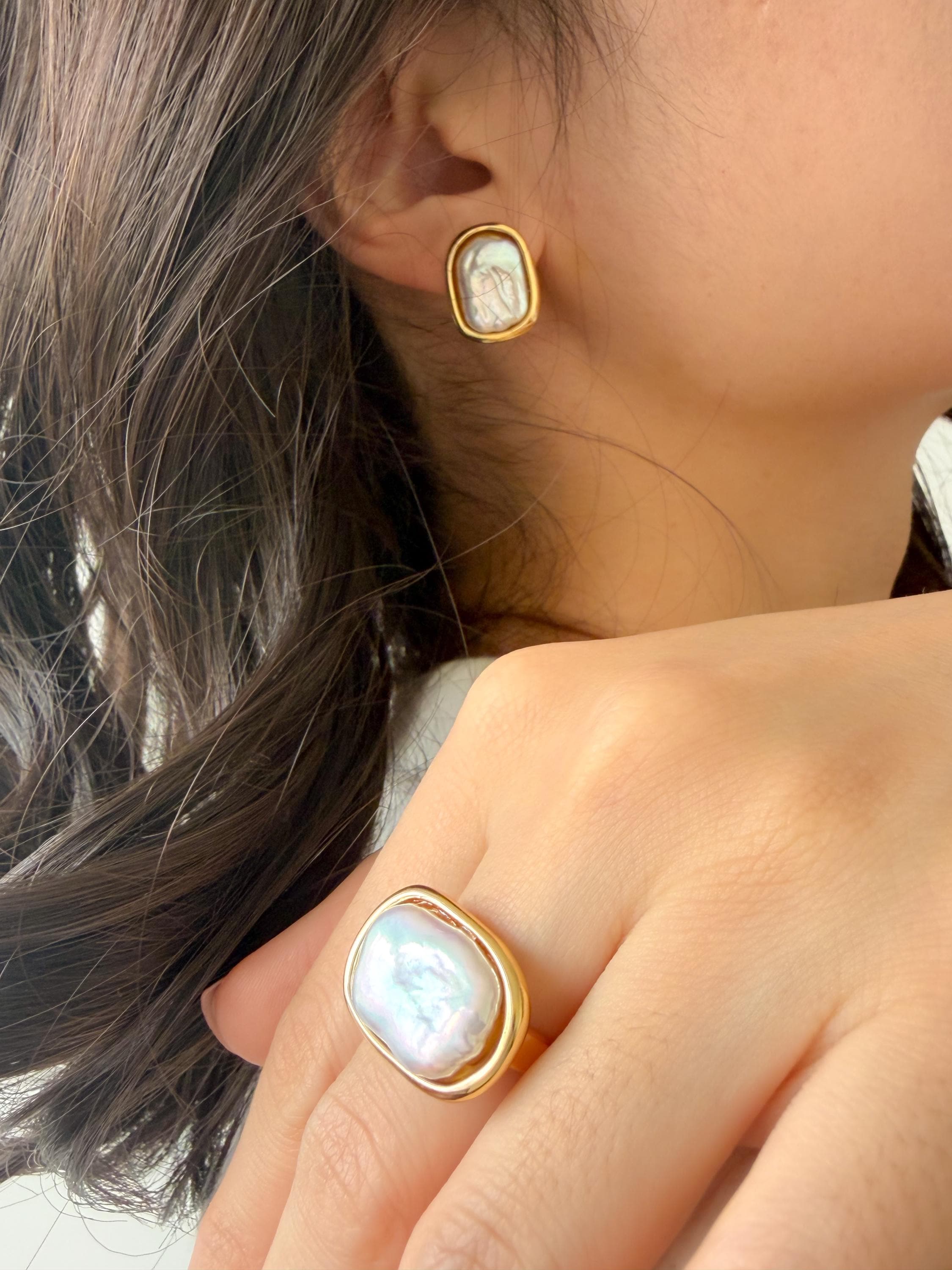 Baroque Keshi Pearl Ring, 18K Gold Plated, Adjustable Statement Ring, Everyday Wear