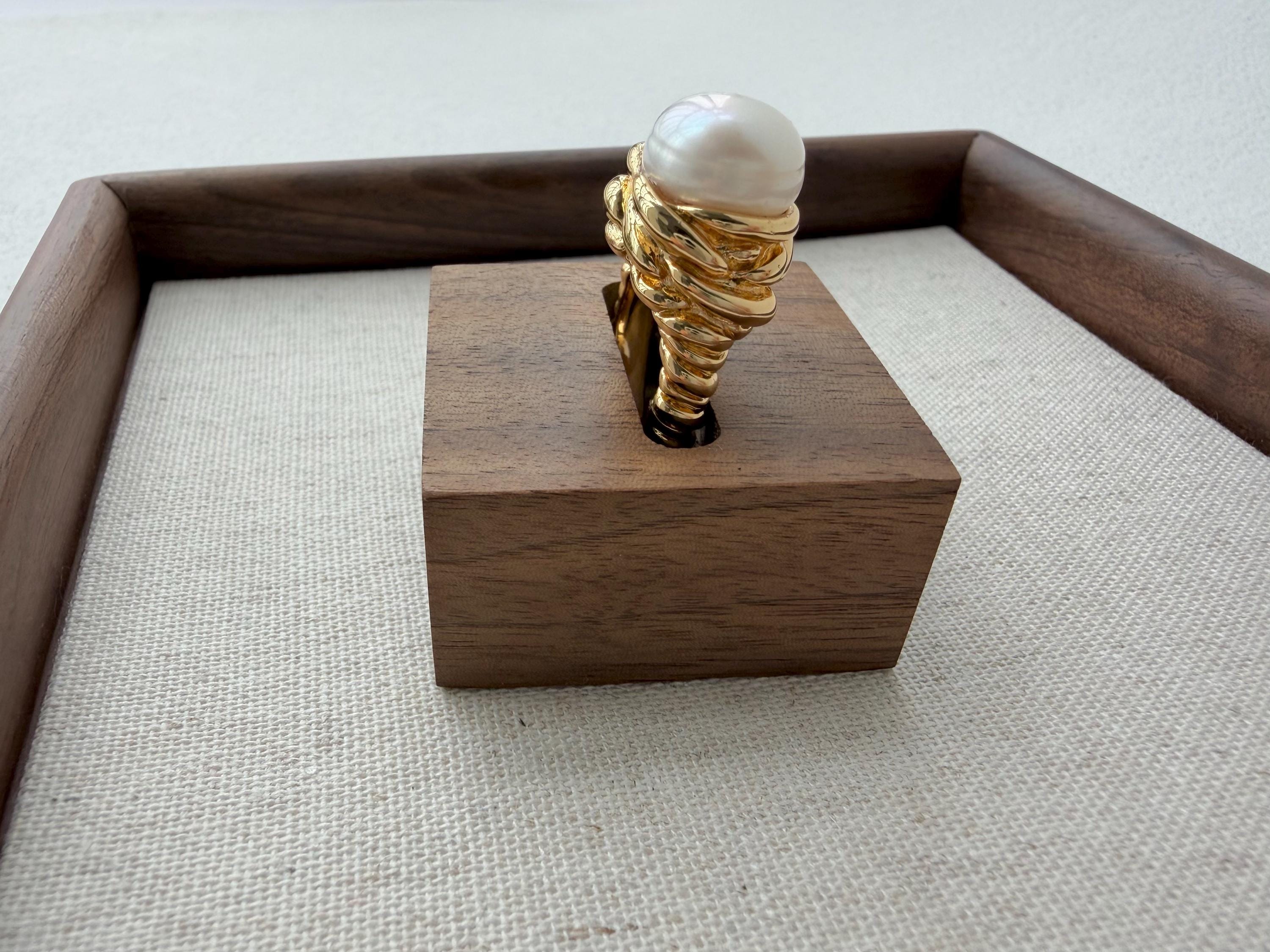 Statement Freshwater Pearl Ring, 18k Gold Plated, Baroque Pearl Jewelry, Adjustable Fit